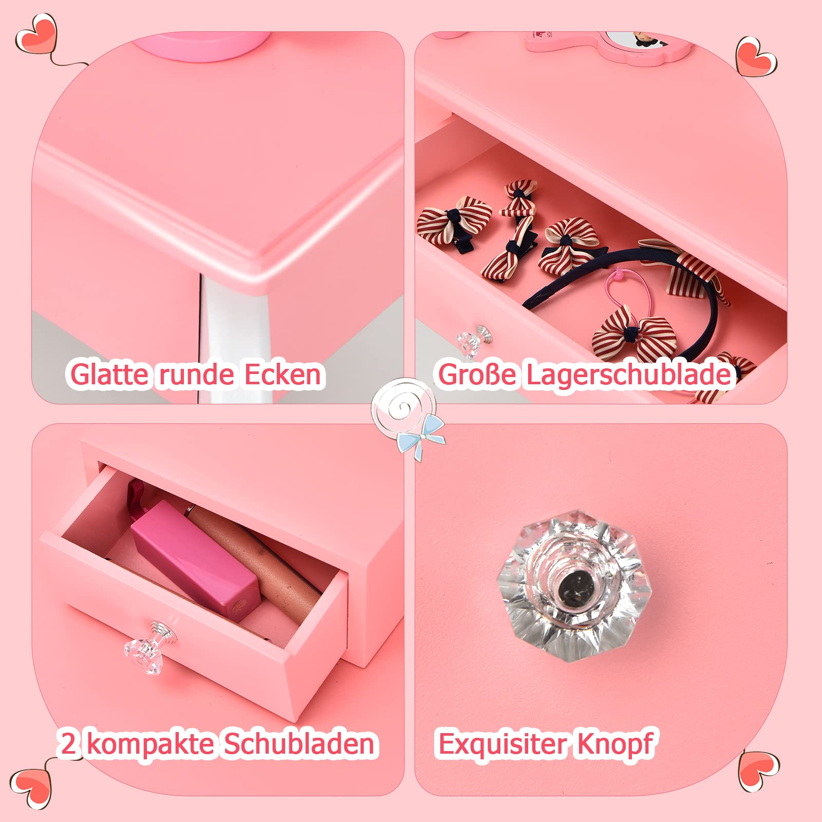 GOPLUS Kinder Schminktisch mit Spiegel, Prinzessin Frisiertisch mit 3 Schubladen und 2 Ablagen, Kosmetiktisch Holz mit Hocker, Schminkkommode Mädchen (Rosa)