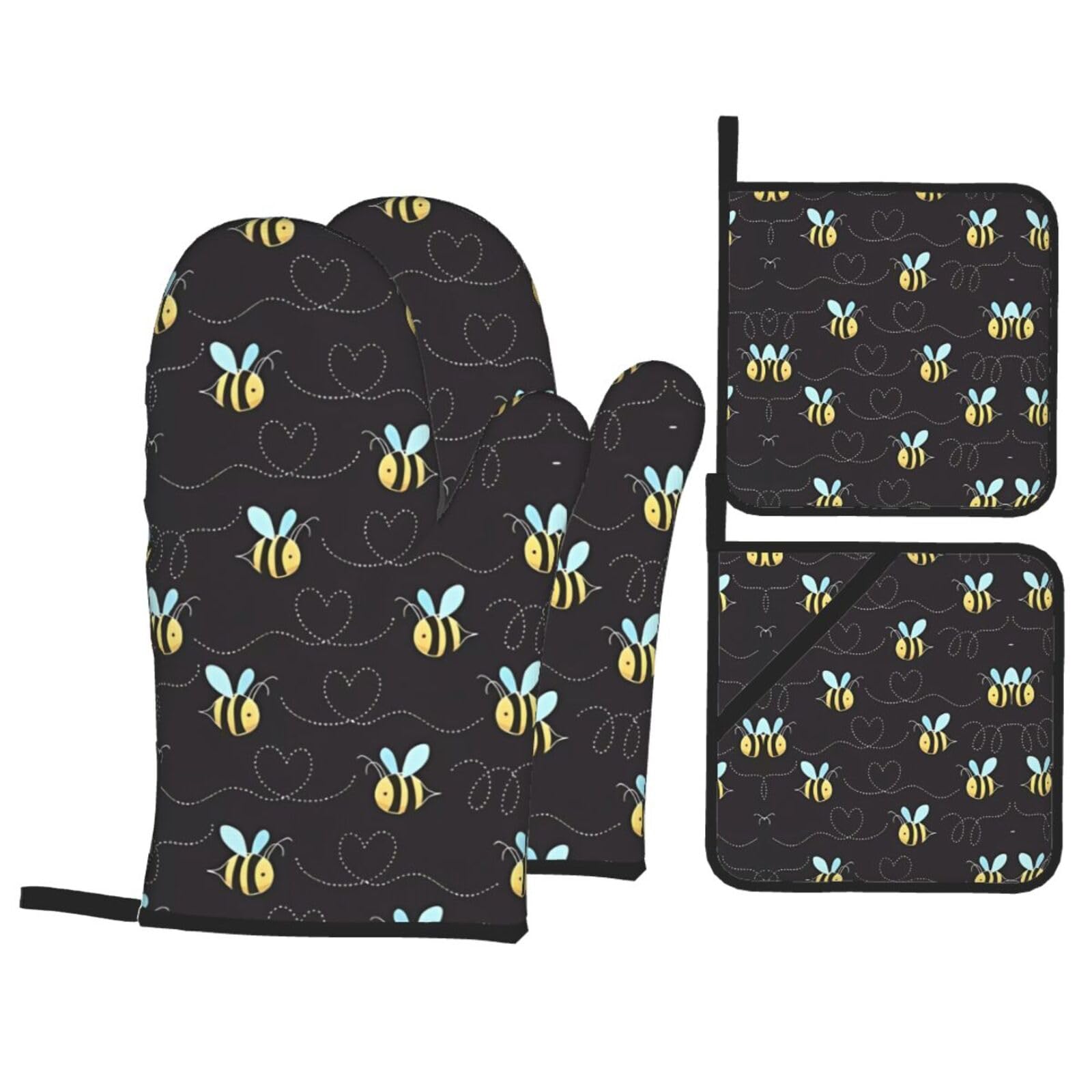 Cartoon bumblebee Print Oven Mitts and Pot Holders Sets – Microwave Safe, Heat Resistant Gloves for BBQ, Cooking, Baking