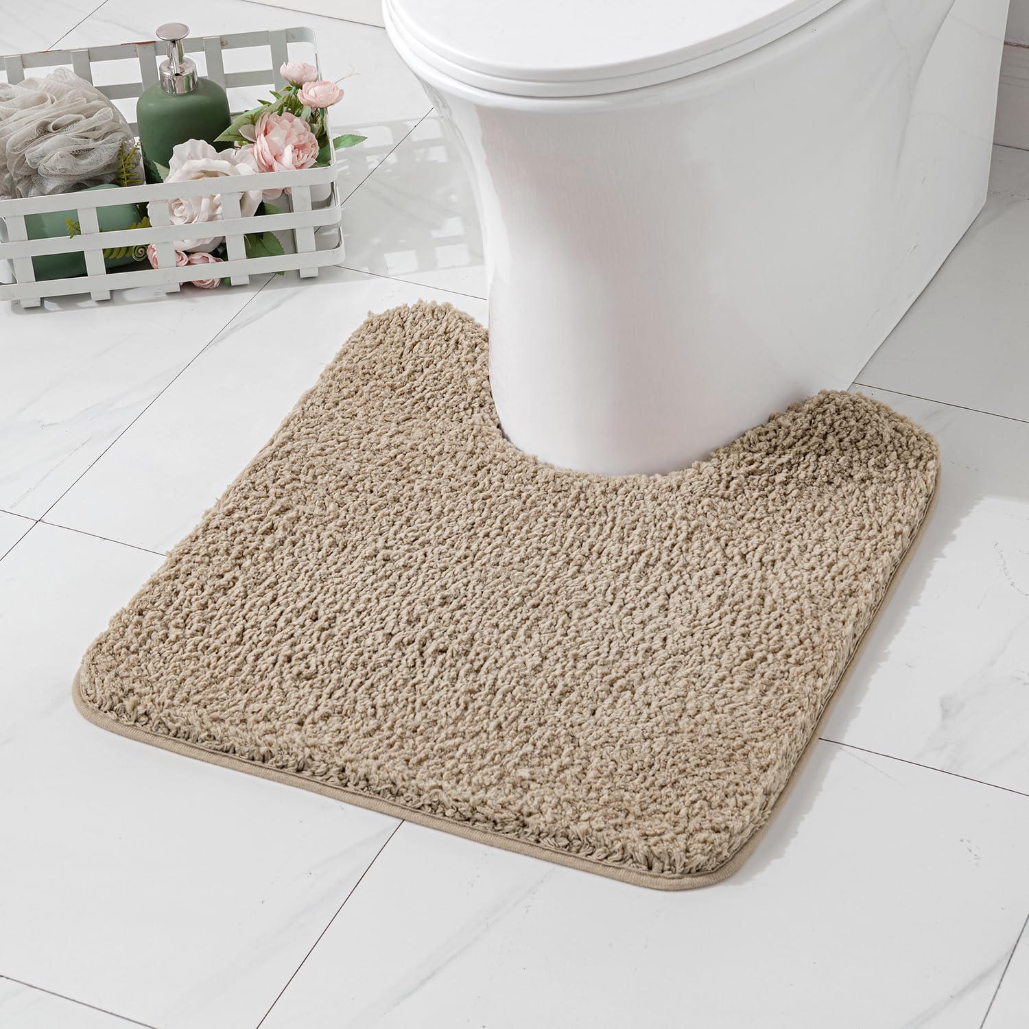 Photo 1 of [DIRTY & USED] MIULEE Tan Toilet Rugs U-Shaped?Soft Absorbent Microfiber Bathroom Rugs Non Slip Quick Dry Fluffy Contour Bath Mats for Toilet Base Bathroom Floor, Machine Washable, 20x20 Inch
