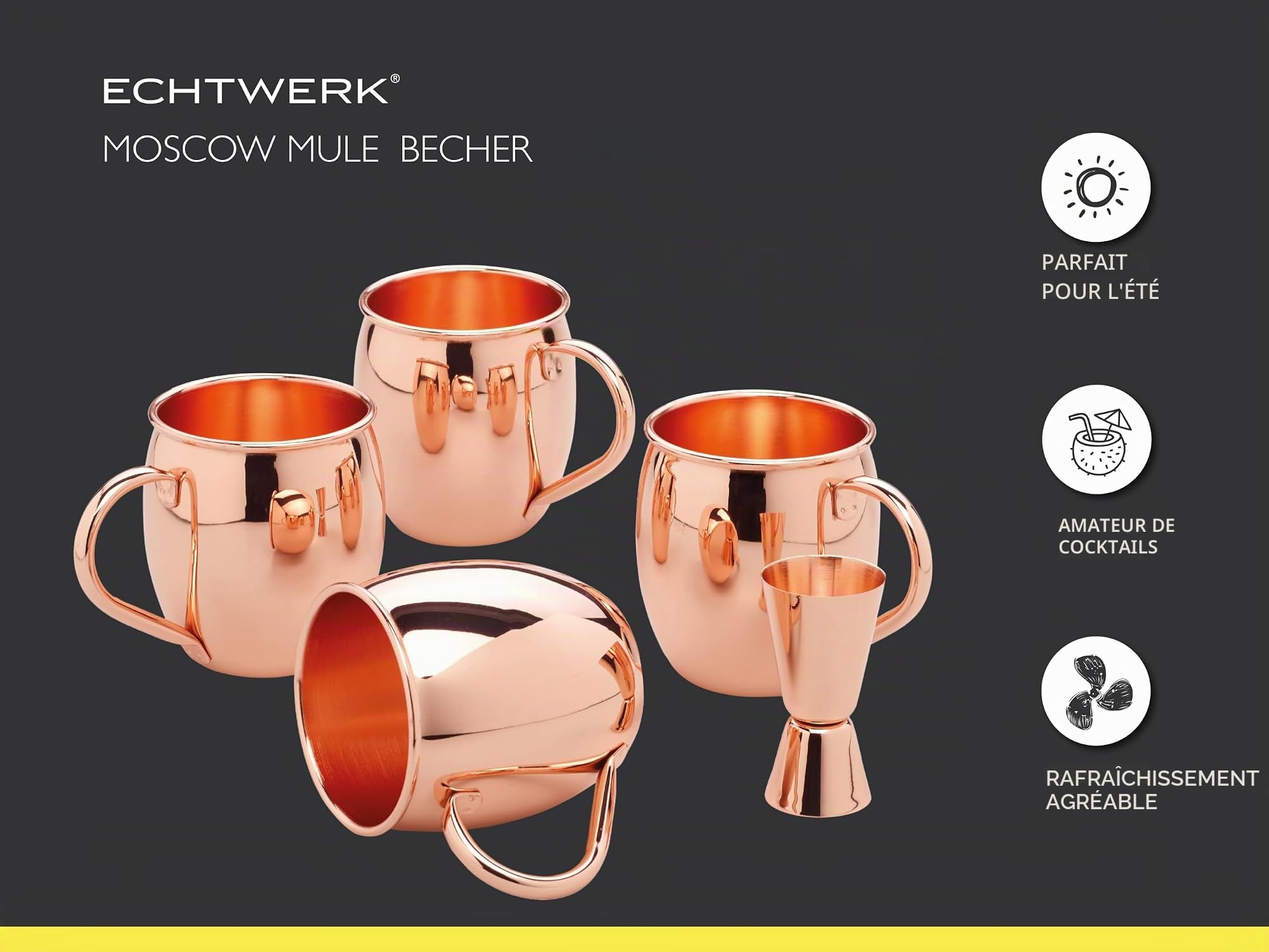 ECHTWERK Moscow Mule Set de 13 gobelets en cuivre fabriqués en acier inoxydable comprenant 4x gobelets en cuivre 500ml, 4x dessous de verre, 4x pailles et 1x gobelet doseur 2cl/4cl