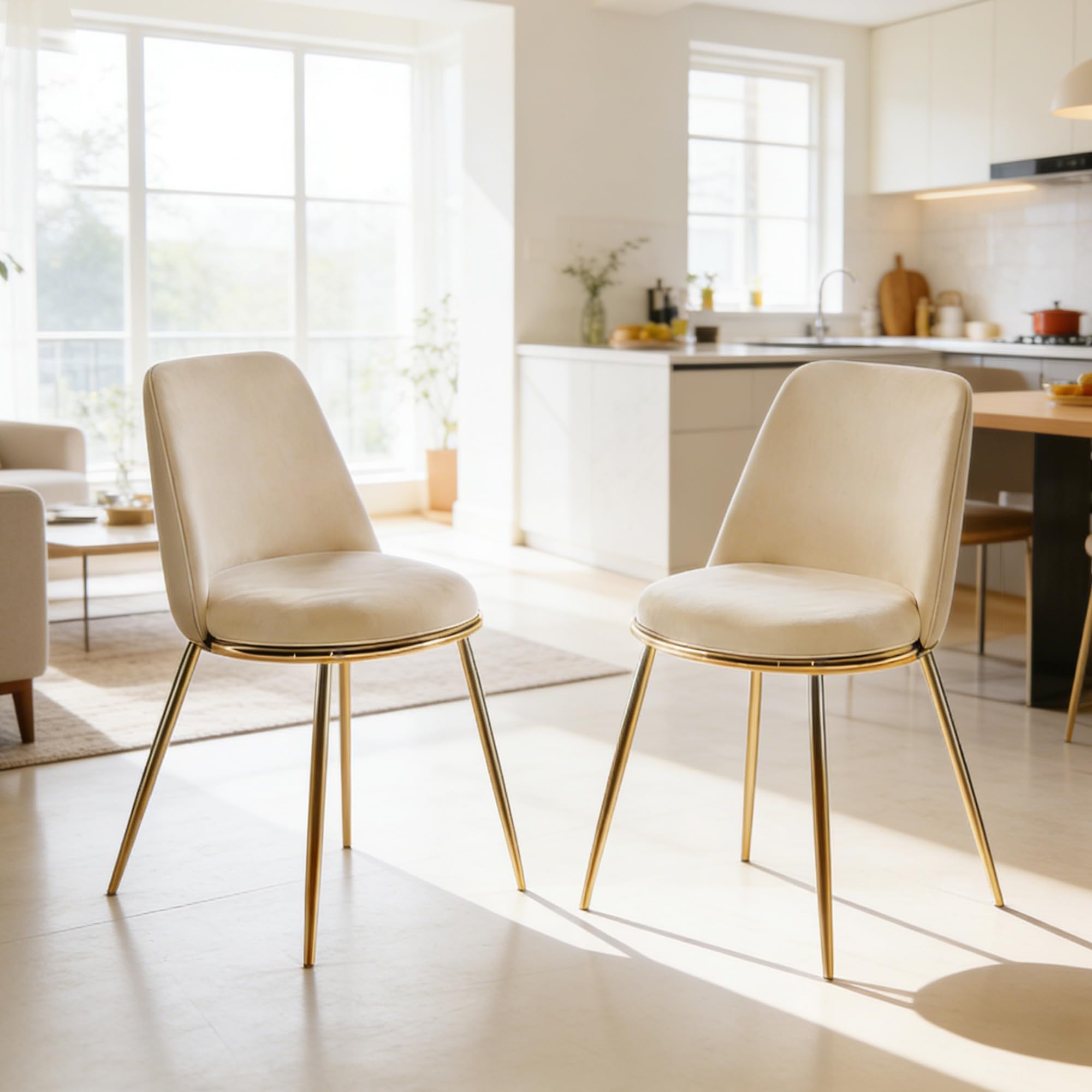 Set di 2 sedie per sala da pranzo, colore bianco crema, imbottitura in velluto, gambe in metallo dorato