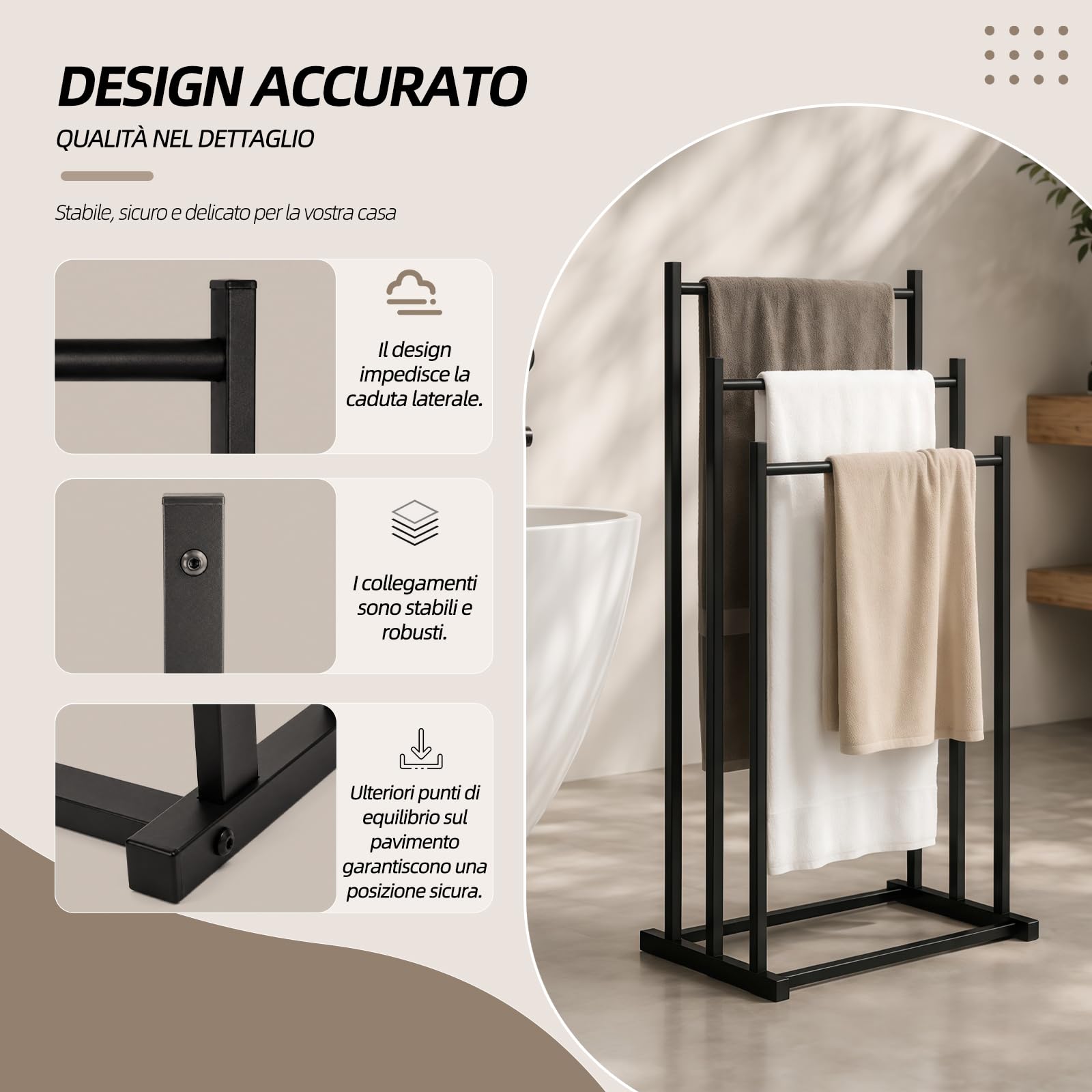 Portasciugamani nero a terra – 3 aste, metallo