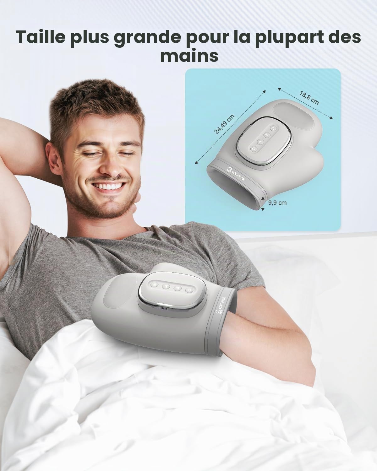 COMFIER Masseur de mains sans fil avec chaleur et compression, appareil de massage des mains électrique, 5 niveaux d’intensité, 3 modes de massage, pour doigts, paumes et poignets, cadeau pour femmes