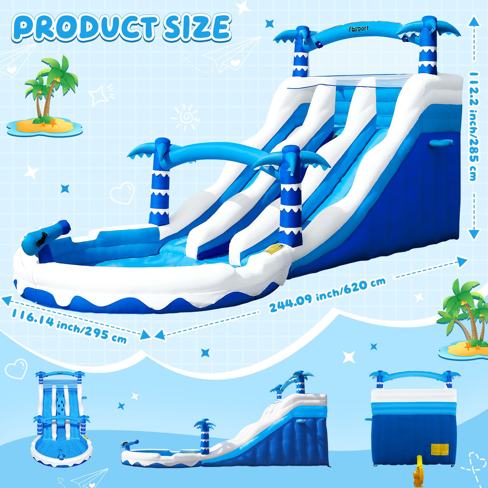 Hüpfburg XXL mit 2 Wasserrutsche für Gewerblichen Erwachsene & Kinder, Aufblasbare Bouncy Castle für Indoor Outdoor mit Gebläse Größe Pool Rutsche Korb Sprinkleranlage und Kletterwand, 630x290x285 cm
