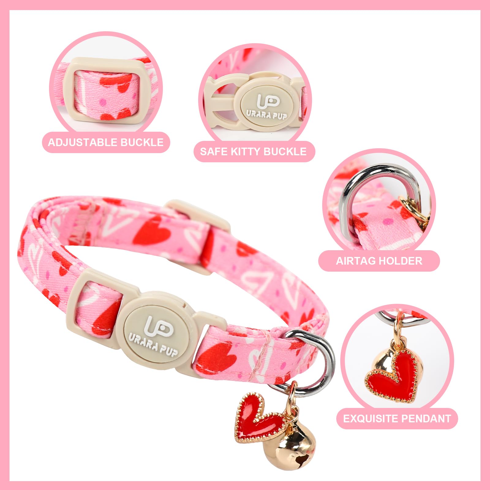 Collar De Gato, Paquete 2 Collares Gatito Para El Día San Valentín, Lindo Gato Con Campana, Corazón Corazones Rosados, Gatito, Rojo