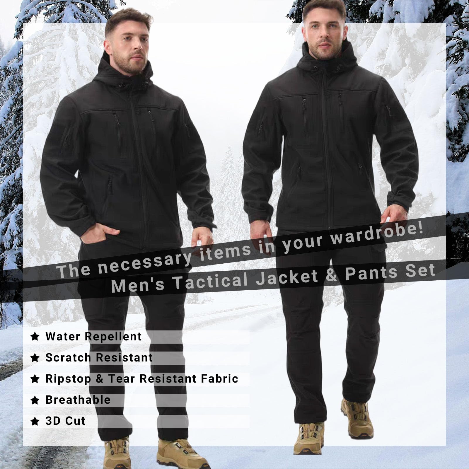 Taktisches Kampfanzug-Set FüR Herren (Jacke Und Hose) Taktischer Fleece-Softshell-Anzug Winddichtes WäRmendes Jagd-Outfit (2-Teilig) wasserdichte Kampfbekleidung Mit Kapuze