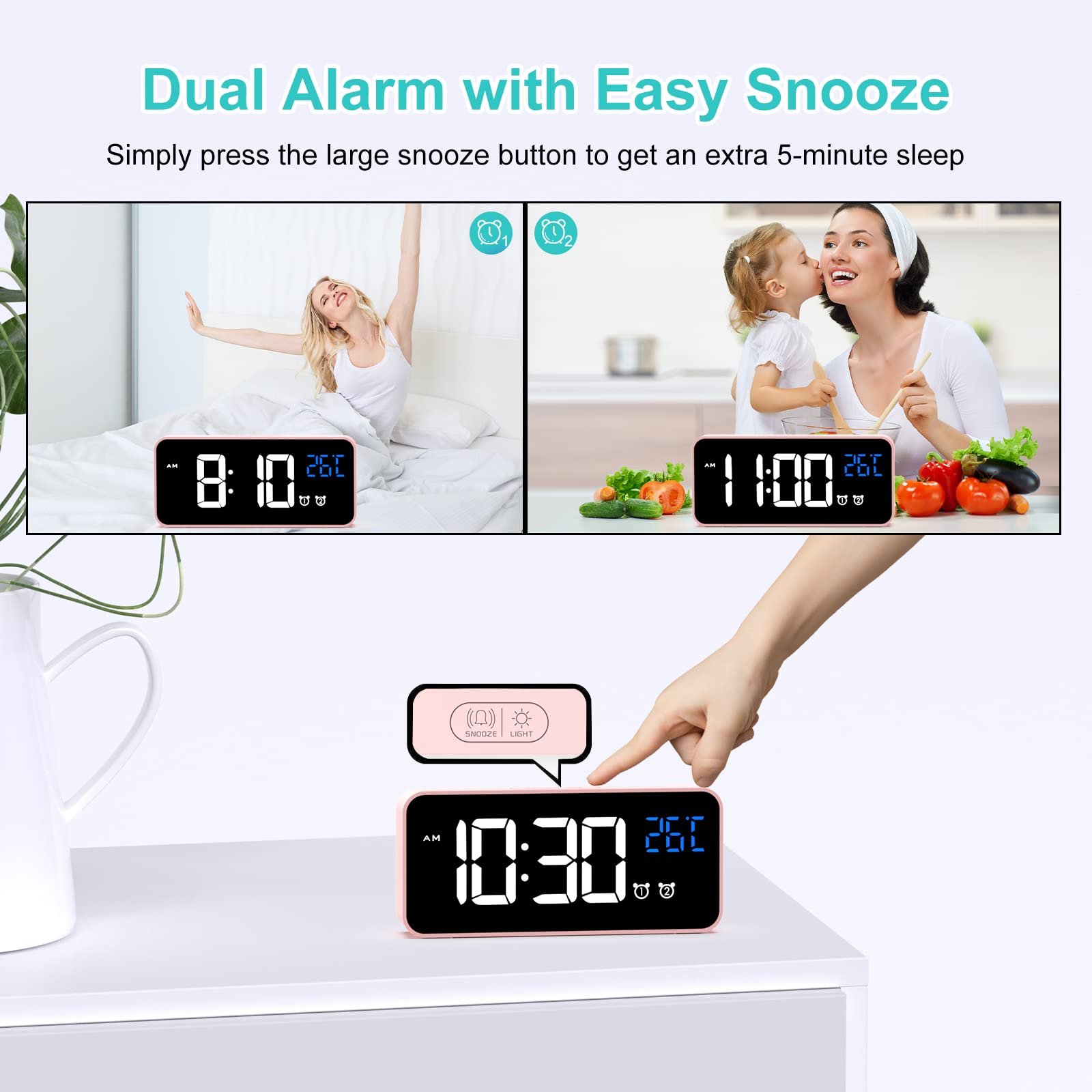 HERMIC Sveglia Digitale, Sveglia da Comodino con Temperatura, Orologio Digitale con 2 Allarme, Snooze, 4 Livelli di Luminosità, Controllo Vocale, USB Ricaricare, Sistema 12/24 Ore (Rosa)