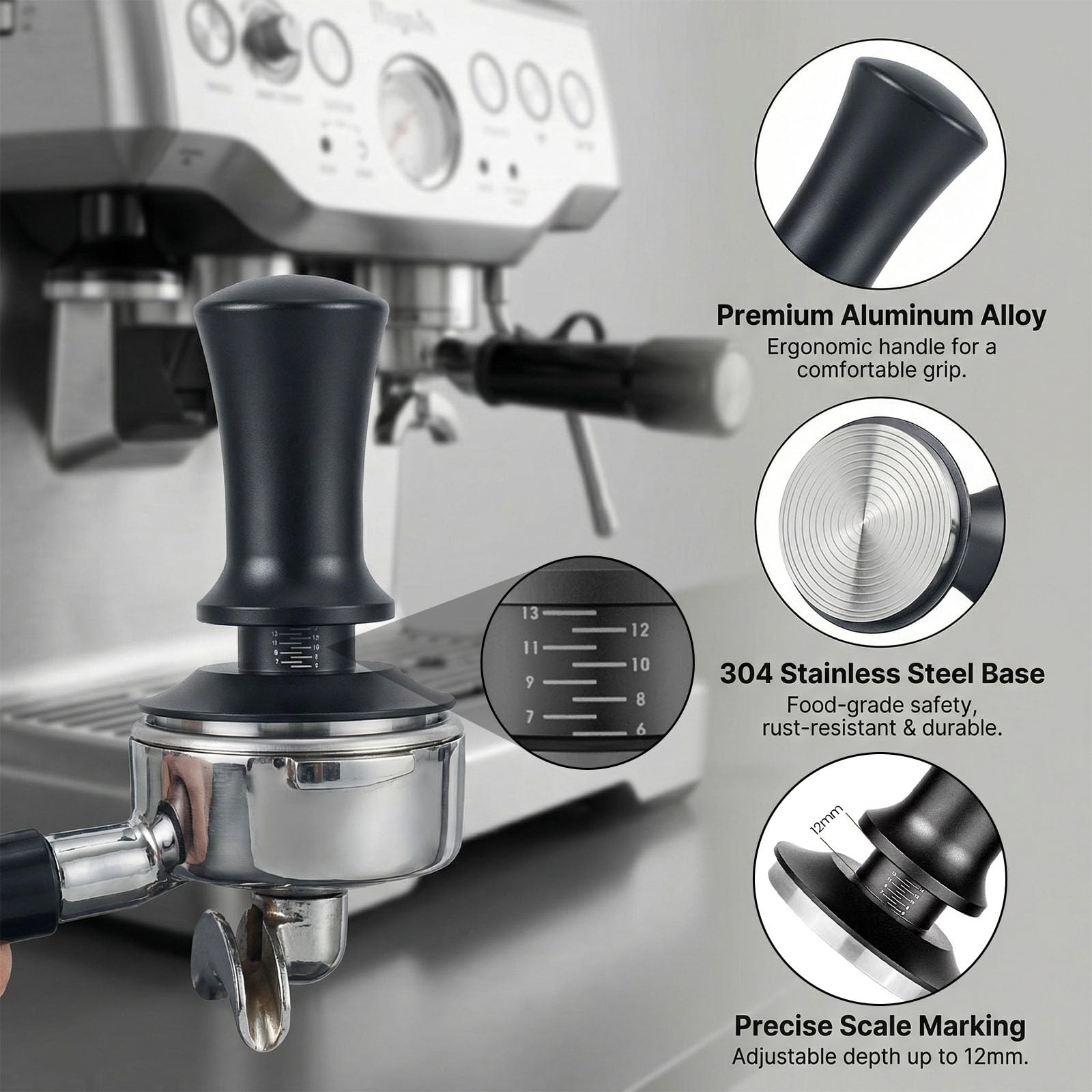 Tamper per Caffè 51 mm con Tappetino e Wdt Tool, Pressino per Caffè Espresso a Molla Pressino per Caffè con Scala Graduata Pressa Caffè Professionale Pressino per Caffe in 304 Acciaio Inox