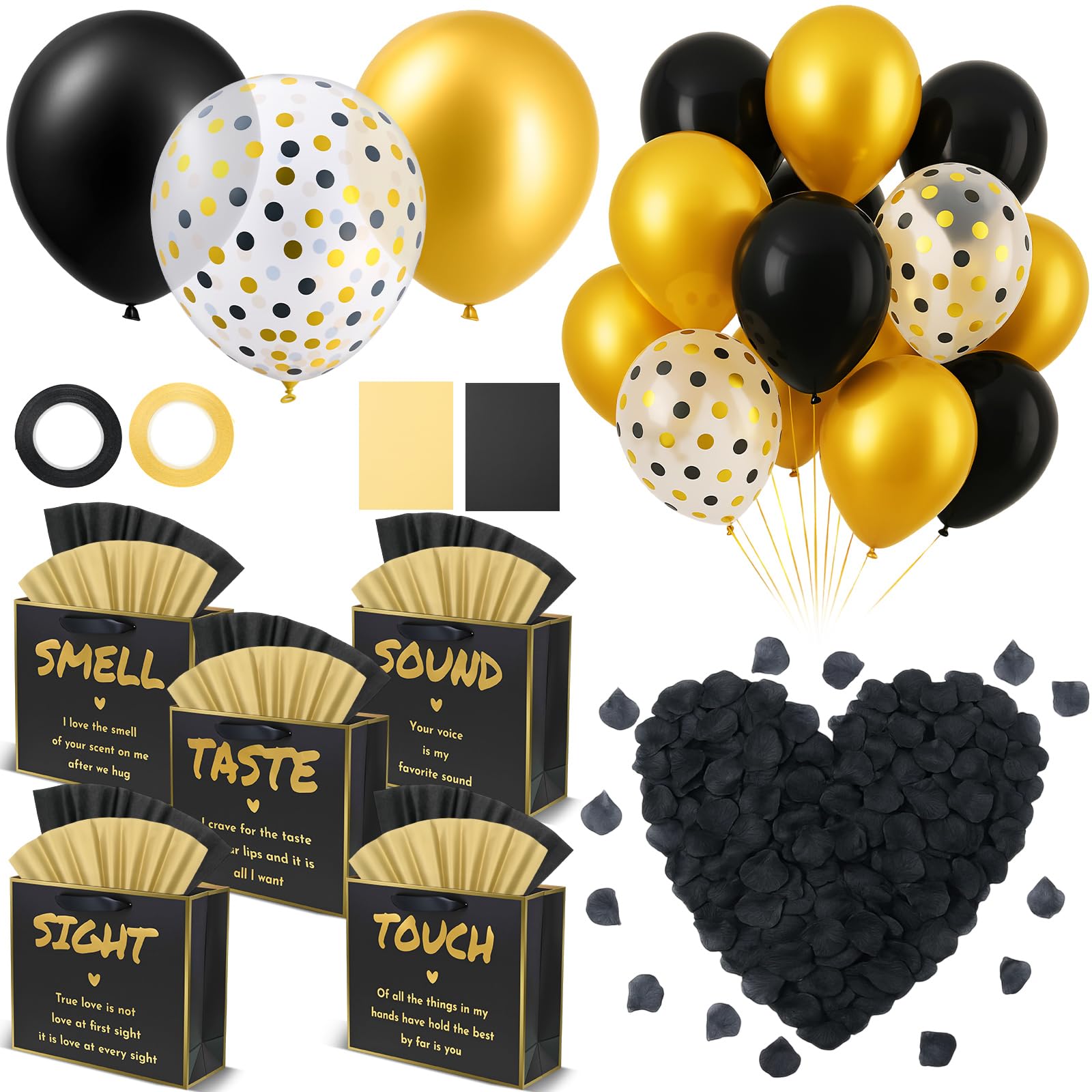 AmazingSpark 5 Senses Gift Valentines Day Decorations for Him/Her, Five Senses Gift Bags Decor with Rose Petals Heart-shaped Tissue Paper, Black Present Boxes for Birthday Anniversary Wedding Party