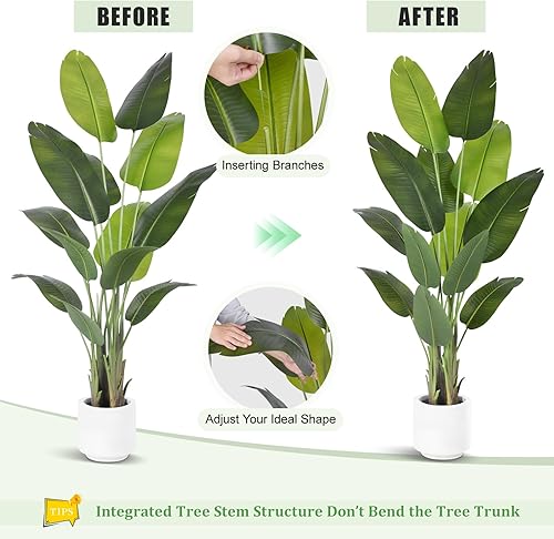 Miniatura 23 de Planta artificial de ave del paraíso de 4 pies de alto, palmera tropical falsa, plantas falsas grandes con 9 hojas de plátano de seda, plantas