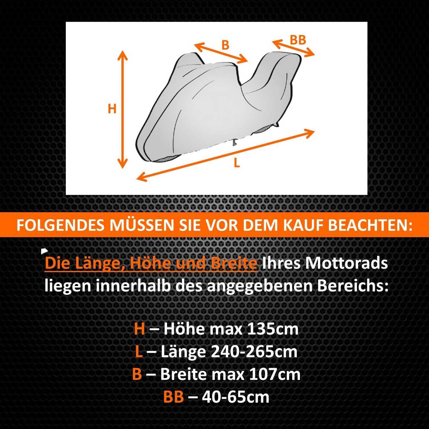 Plandeka na motocykl, pokrowiec na motocykl, garaż XL z pudełkiem, 240-265 cm, szara, wodoodporna i bardzo gruba plandeka na zewnątrz chroniąca przed deszczem, śniegiem, wiatrem, promieniowaniem UV, liśćmi i innymi zabrudzeniami