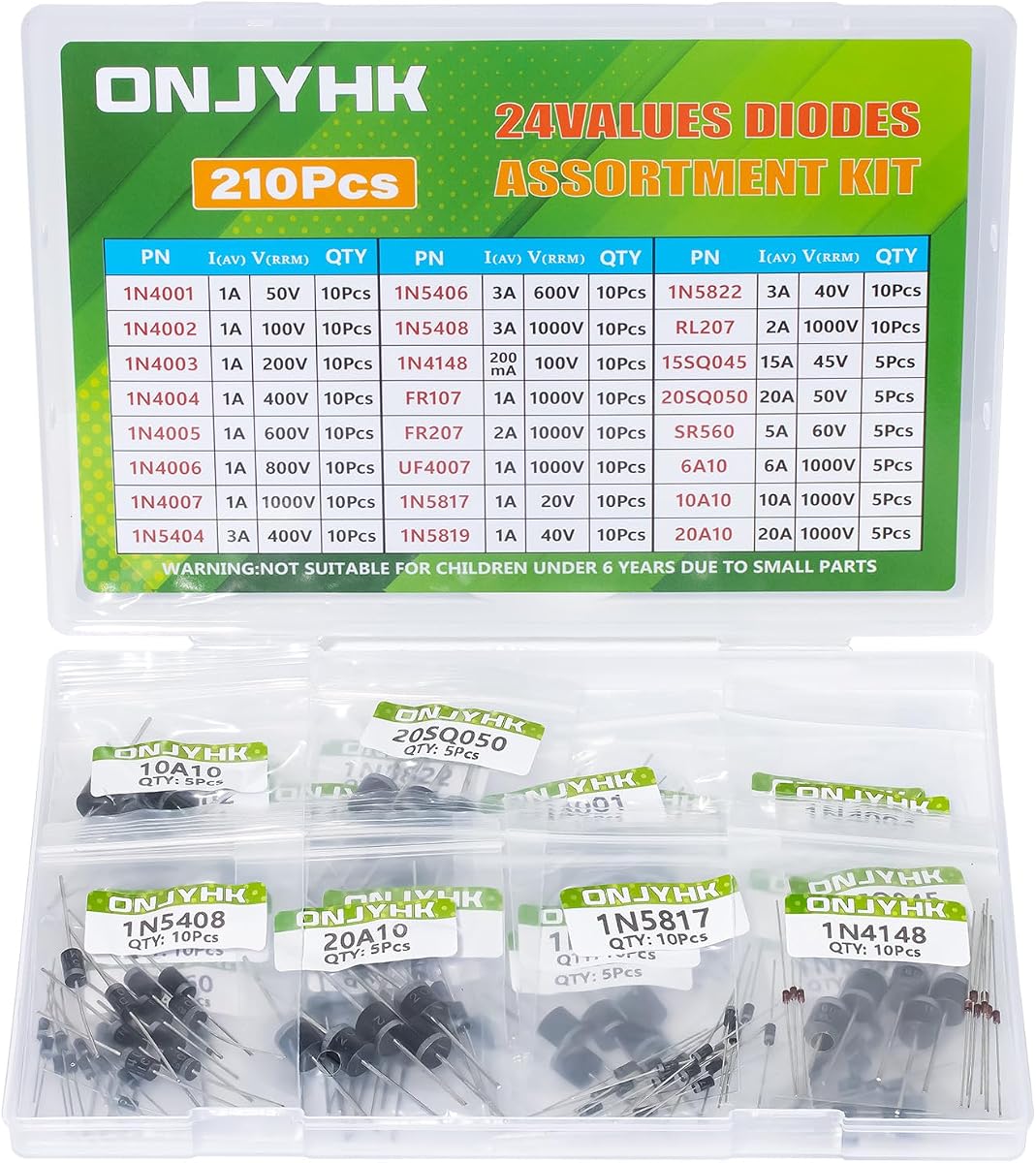 24Values 210PCS Diode Kit | 1N4001 1N4002 1N4003 1N4004 1N4005 1N4006 1N4007 1N5404 1N5406 1N5408 RL207 10A10 20A10 1N4148 1N5817 1N5819 1N5822 15SQ045