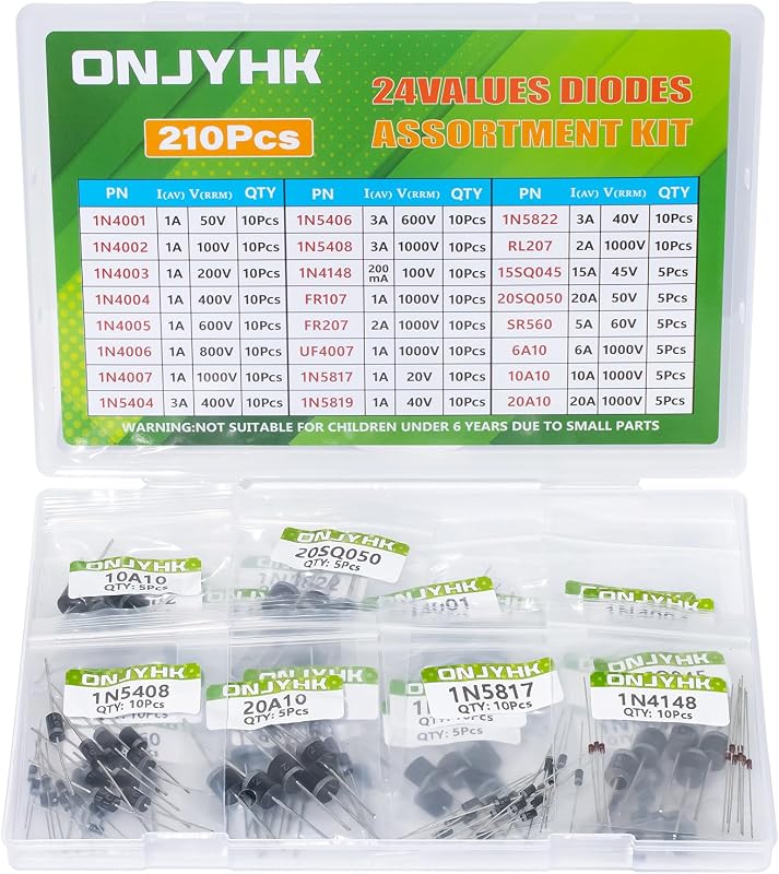 24Values 210PCS Diode Kit | 1N4001 1N4002 1N4003 1N4004 1N4005 1N4006 1N4007 1N5404 1N5406 1N5408 RL207 10A10 20A10 1N4148 1N5817 1N5819 1N5822 15SQ045