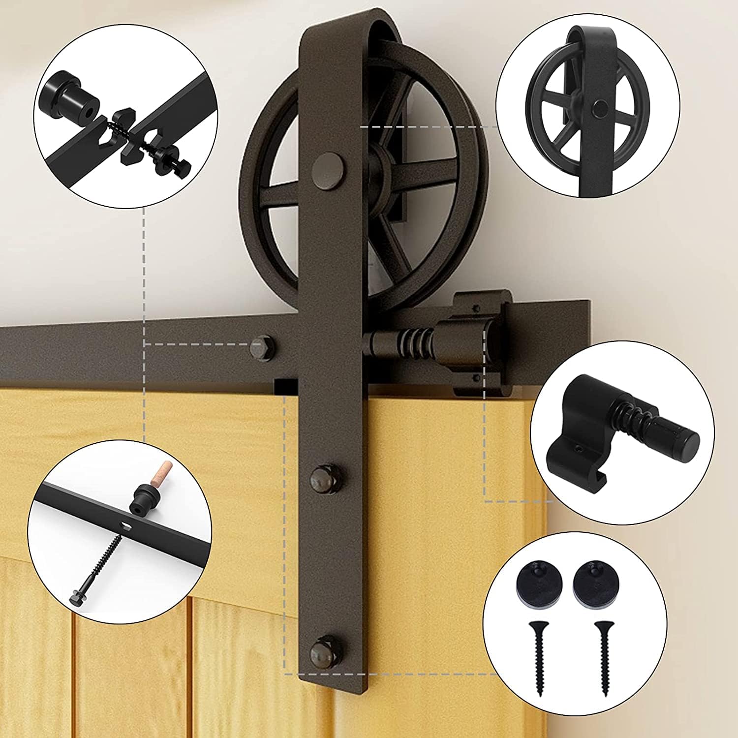 CCJH 7.5ft Heavy Duty Double Sliding Barn Door Hardware Kit -Smoothly and Quietly -Fit 23 inch Door Panel (Big Spoke Wheel Hanger J Style)