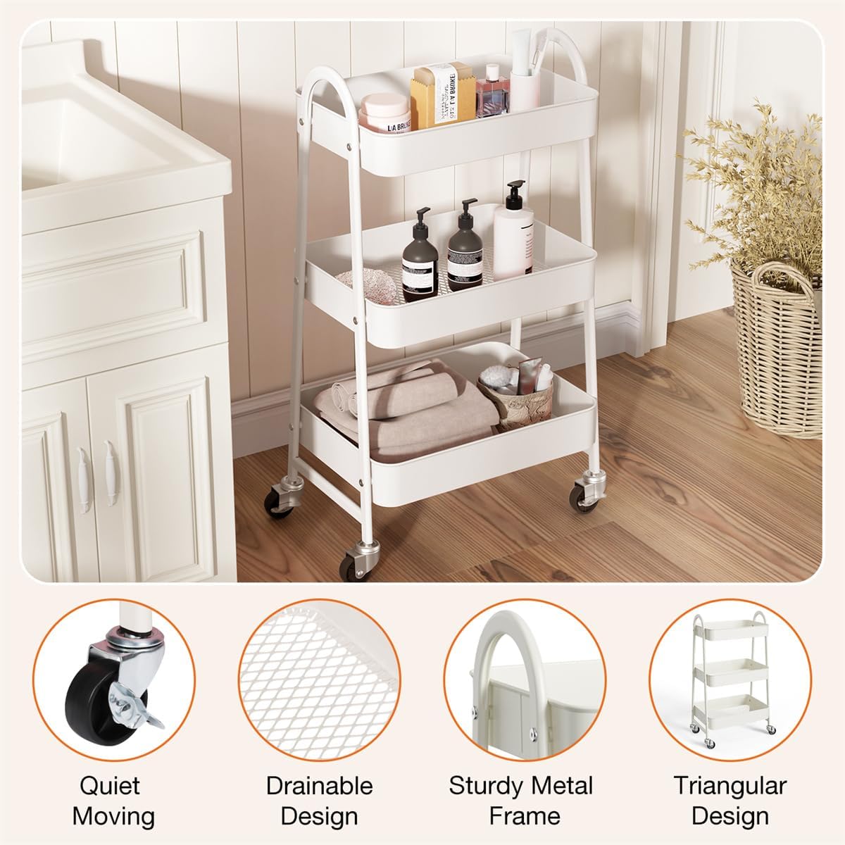 3-Tier Metal Rolling Utility Cart, Small Rolling Cart Kitchen Trolley Bathroom Laundry Room Bar Office Shelves Storage Organizer Shelving Unit with Caster Wheels for Narrow Places, White