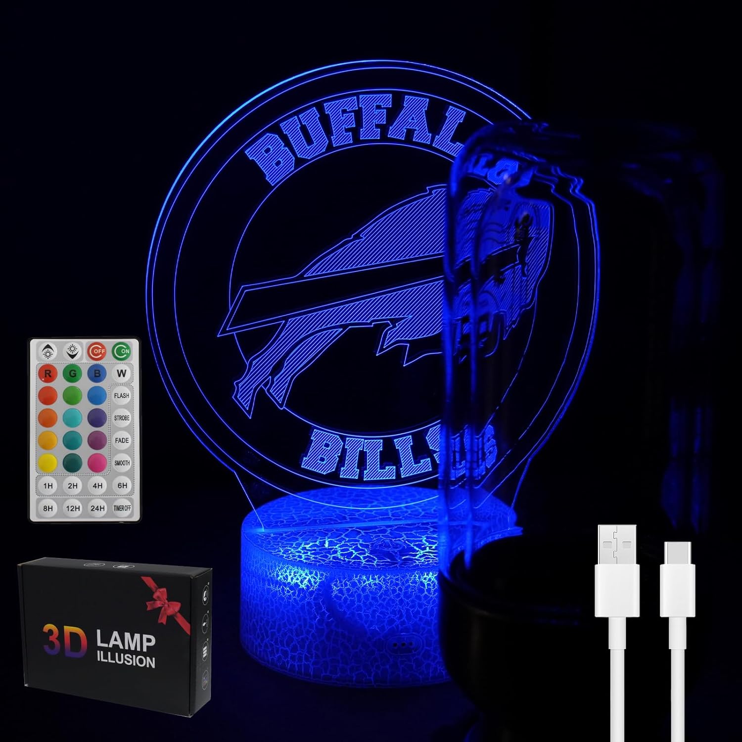 3D Optical Illusion Smart 16 Colors Night Light Table Lamp Gifts for Buffalo Men, Women, Kids, Boys, Teens, Acrylic Christmas Birthday Gifts