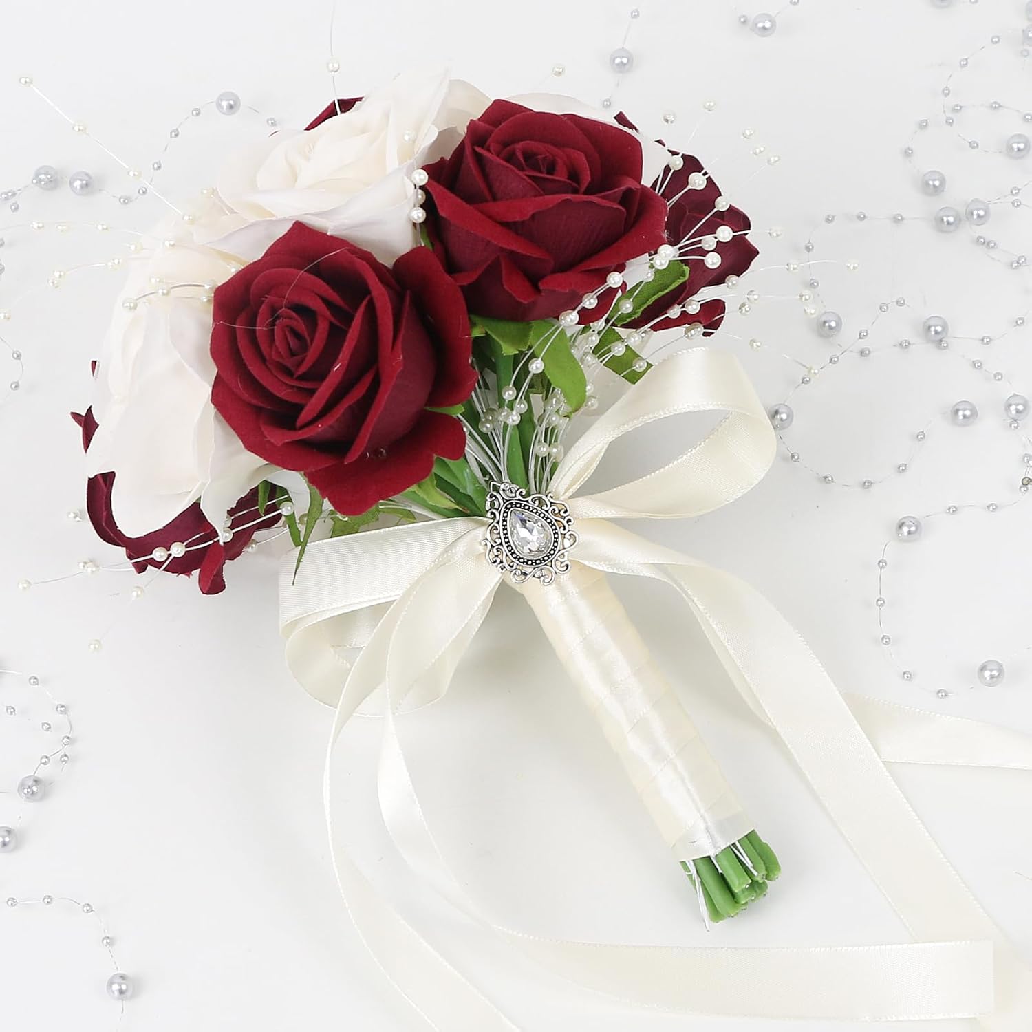Wedding Bouquets for Bride - Artificial Bridal Flowers Bouquet with Fake Peals Pre-Made Fake Rose Bridesmaid Bouquet for Wedding Centerpieces Decorations - Champagne White and Burgundy - Image 3