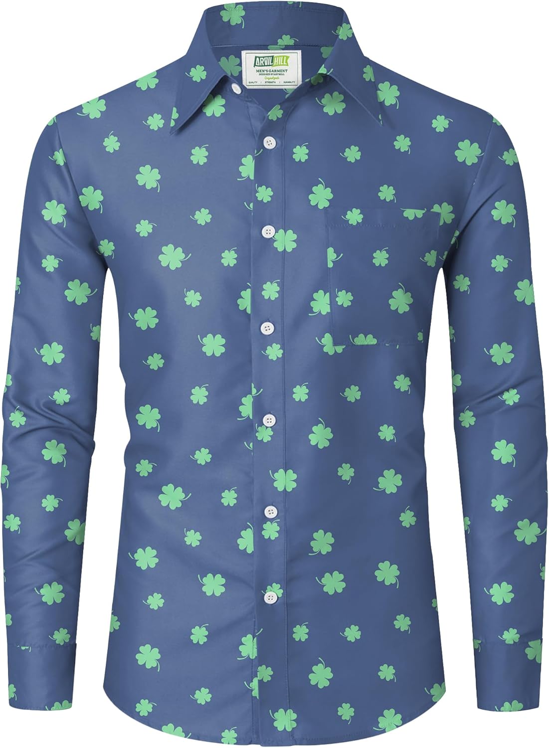 Arvilhill Mens St Patrick's Button Shamrock Clover Printed Long Sleeve Shirt (S-3XL)