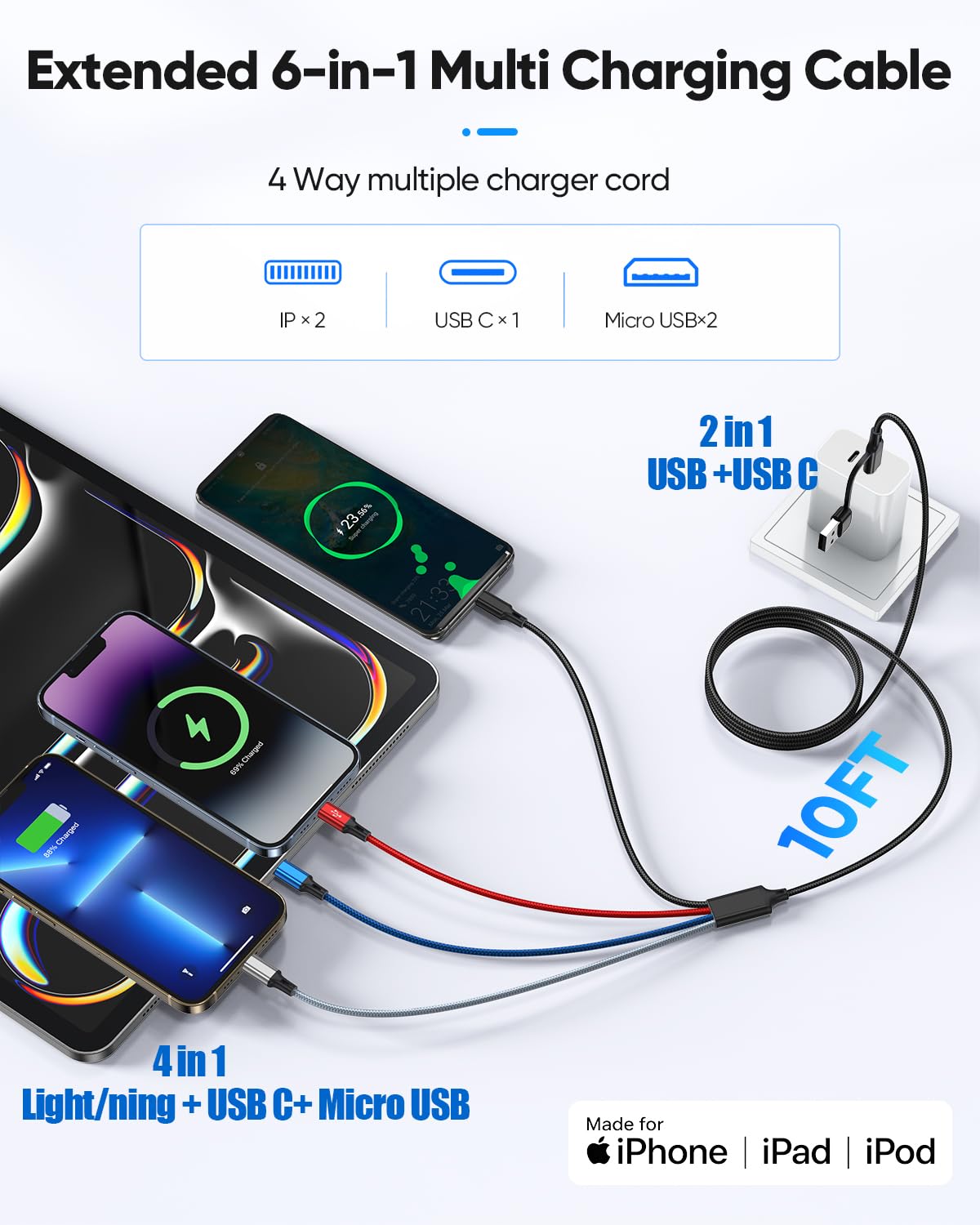Cavo di ricarica multiplo 6 in 1 (3,5 m, confezione da 2), cavo di ricarica multiplo intrecciato, USB A/C a tipo C/Lightning* 2/Micro USB universale cavo di ricarica per iPhone, Samsung, orologio