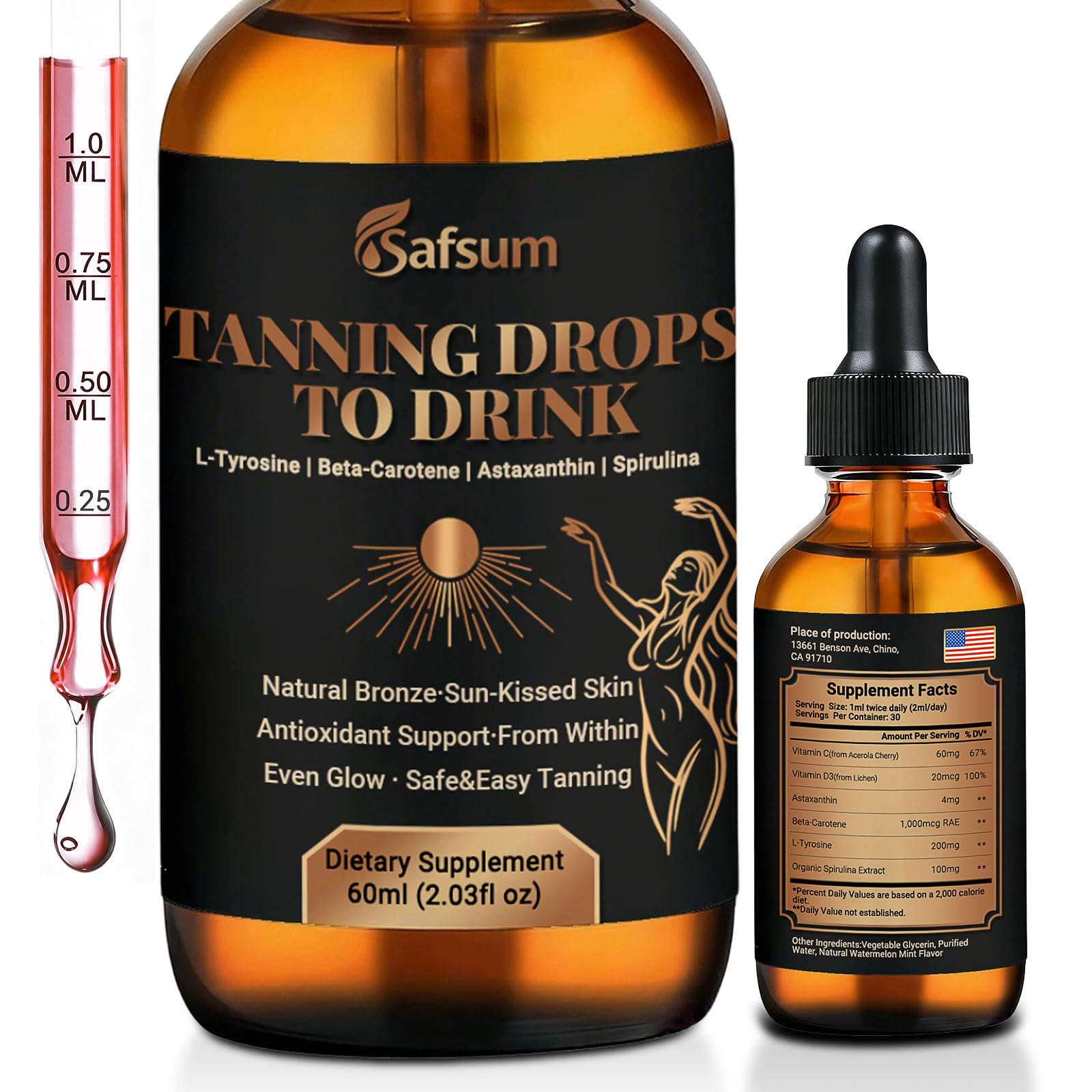 Tanning Drops to Drink - Natural Sunless Tanning Glow Drops with Beta-Carotene, Astaxanthin, L-Tyrosine & Spirulina, Support Natural Bronze Skin & Antioxidant Defense, 60ml, 30-Day Supply