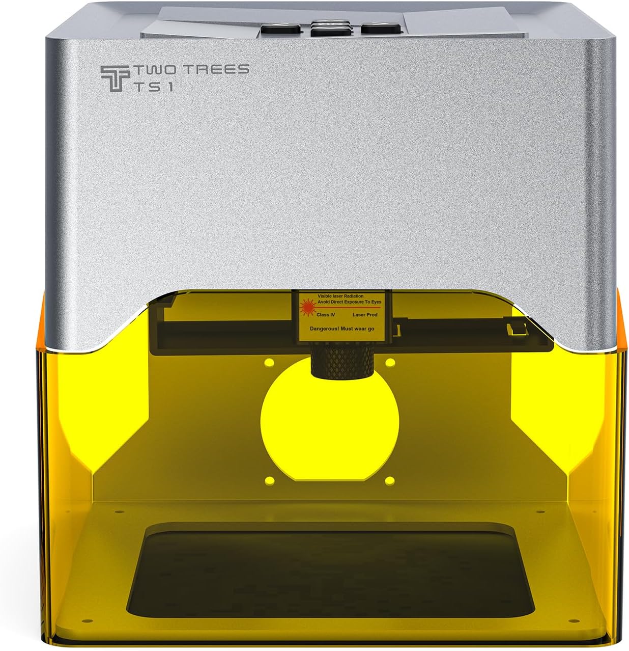 Фронт view of the Twotrees TS1 Mini Laser Engraver, showing the laser warning label and the yellow protective shield.