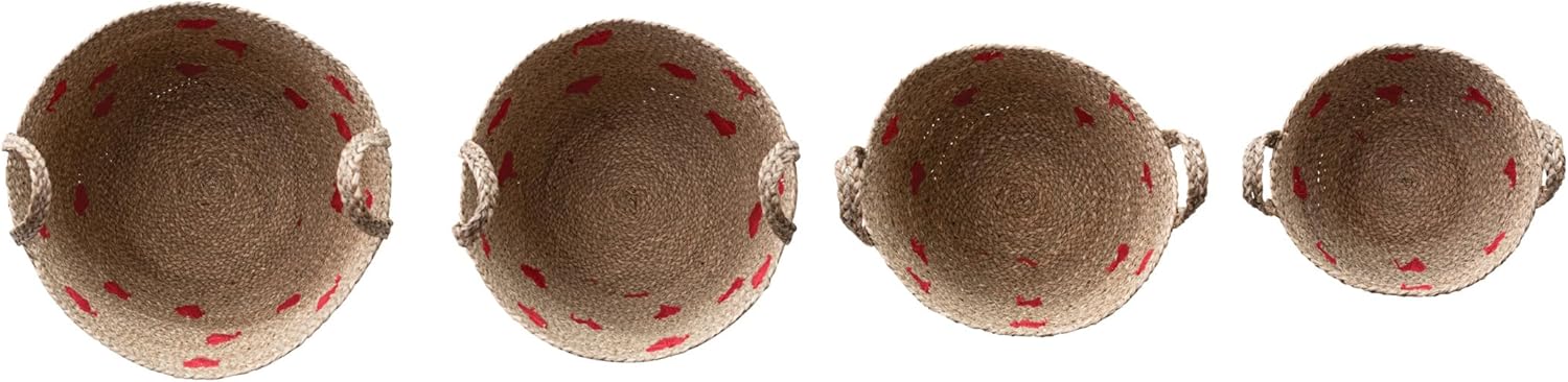 Creative Co-Op 4-Piece Hand-Woven Seagrass Baskets with Embroidered Hearts and Handles, Natural and Red Finish