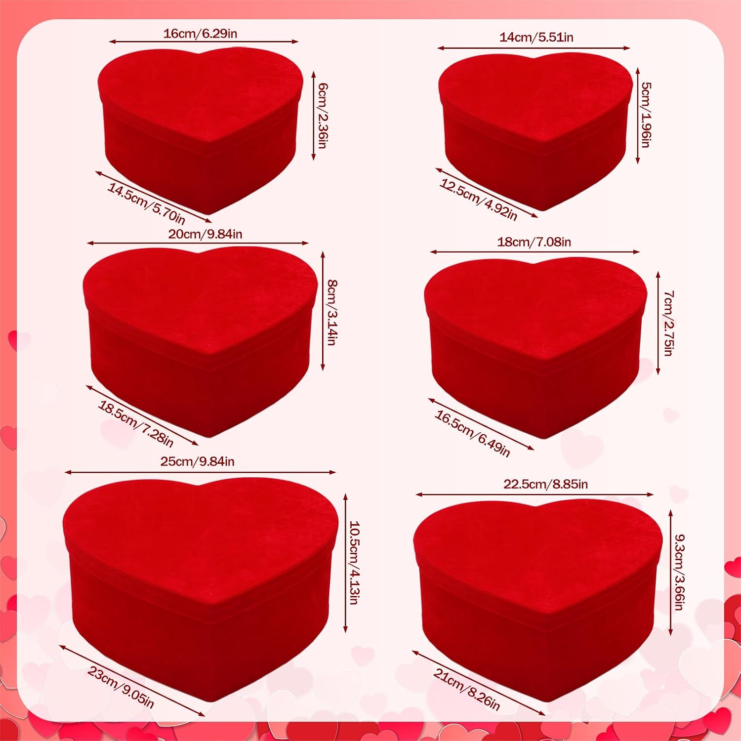Cholemy 6 Pcs Valentine's Day Nesting Gift Boxes with Lids Valentines Velvet Gift Boxes Stacked Red Heart Design in 6 Assorted Sizes for Giving Decorative Wrapping Present