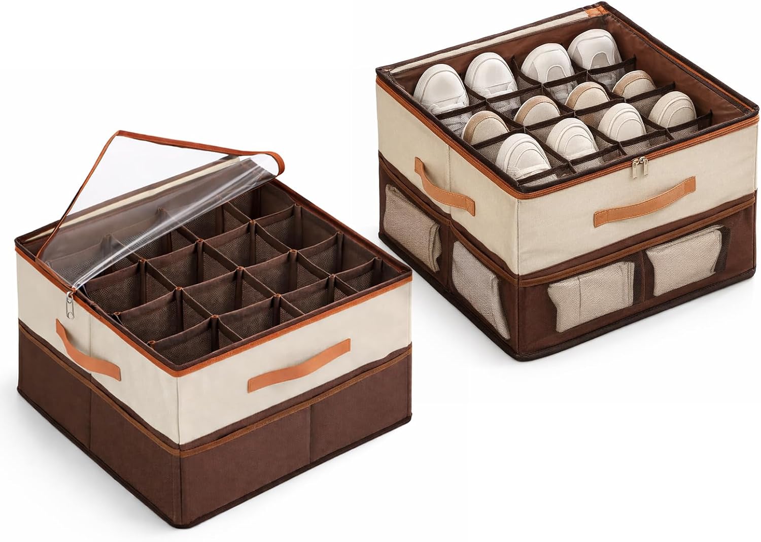 Shoe Organizer for Closet, 2 Pack Foldable Shoe Storage Organizer with Clear Cover and Reinforced Handles,Space Saving Stackable Shoe Boxes for Closet and Bedroom,Coffee Brown and Cream Beige