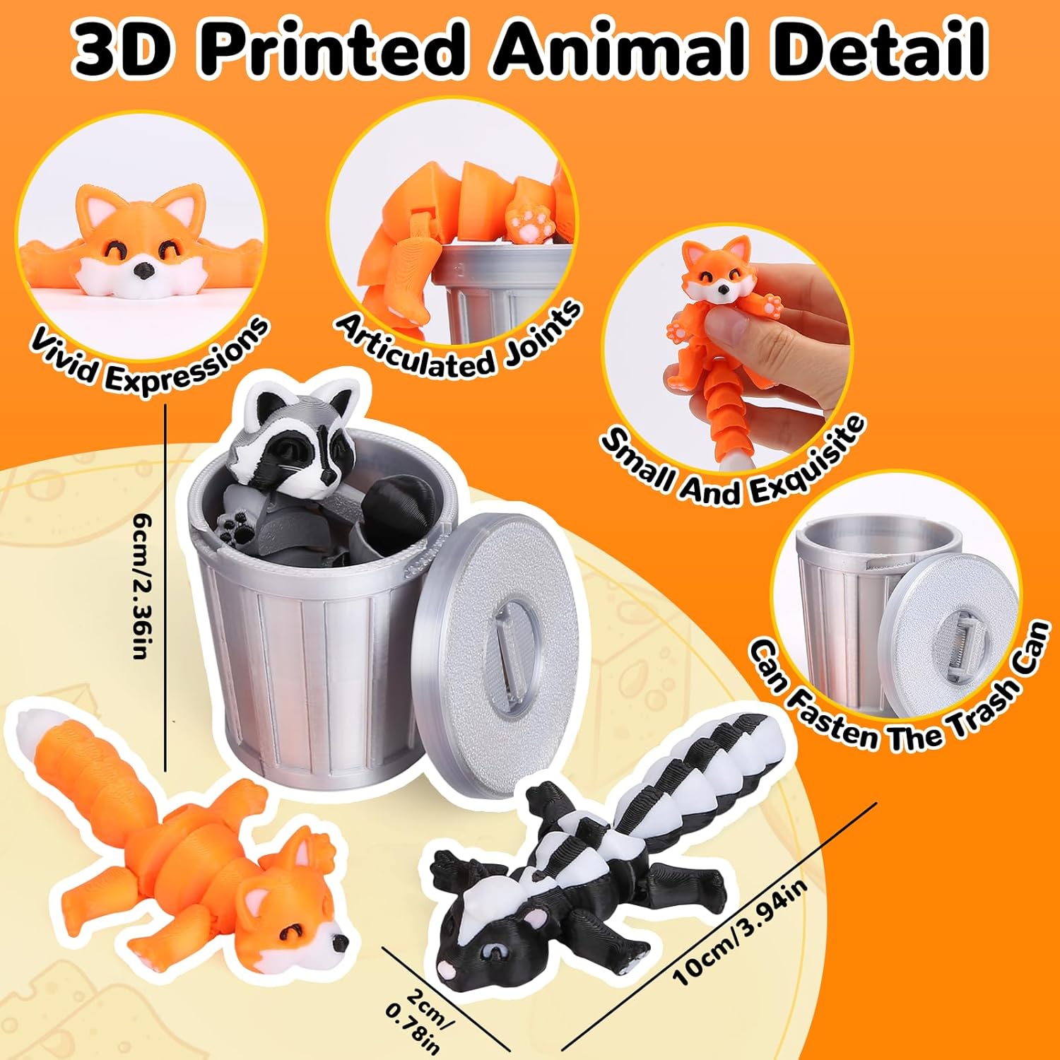 3PCS 3D Printed Raccoon, Fox, Skunk with Trash Can Set, 3.94In/10CM Mischievous Articulated Raccoon in a Trash Can, 3D Printed Fidget Toys for ADHD Autism, Cute Animal for Desk Decoration