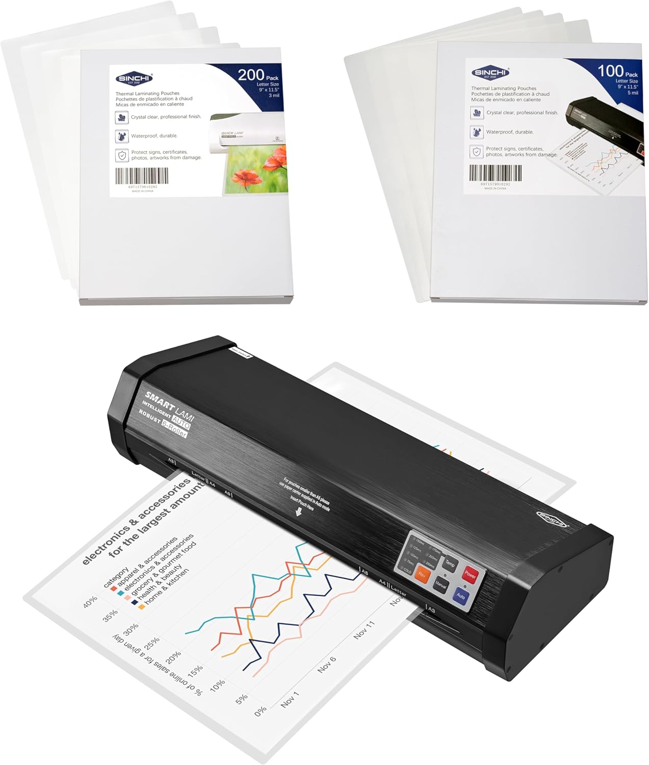 SINCHI 6-Roller Auto Sense Laminator Machine & Letter Size Laminating Sheets (3 mil & 5 mil)
