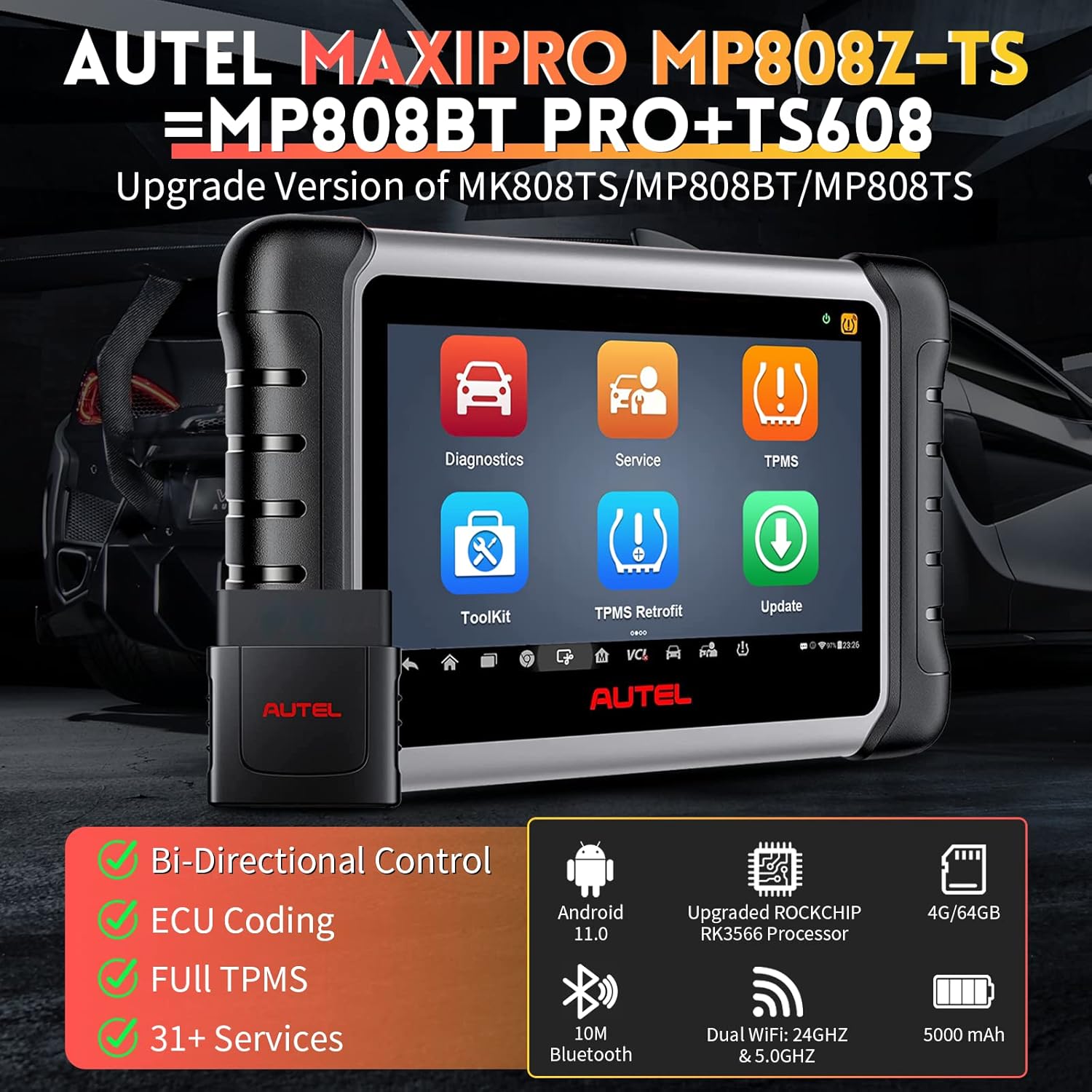 Autel MaxiPRO MP808Z-TS Scanner (2-Year Free Updates) - New ECU Coding Scan Tool with TPMS Relearn Rest Programming, Upgraded of MP808BT PRO /MP808BT, Active Test, 36+Service, Full System Diagnose
