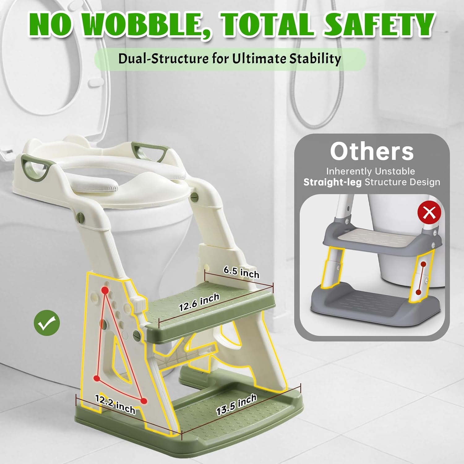 Potty Training Toilet Seat, Stable Potty Training Seat with Step Stool, 2 in 1 Toddler Toilet Seat with Steps for Kids Boys Girls, Toddler Potty Seat with Ladder, Splash Guard, Anti-Slip Pads (Green)