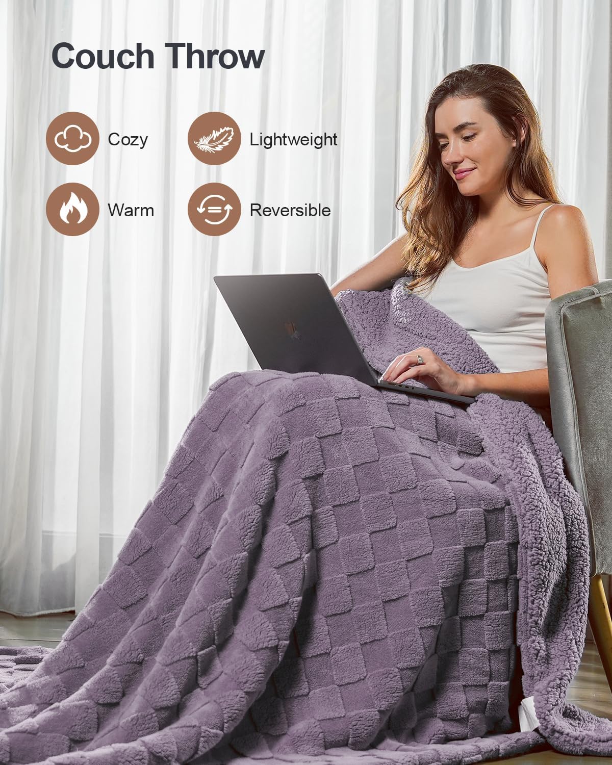 Pawque Super Soft Cozy Throw Blanket Twin Size for Couch Bed, Fluffy Sherpa Fleece Reversible Thick Warm Fuzzy Blanket for All-Season, 3D Checkered Jacquard Decorative Blankets, Purple, 60" x 80" - Image 2