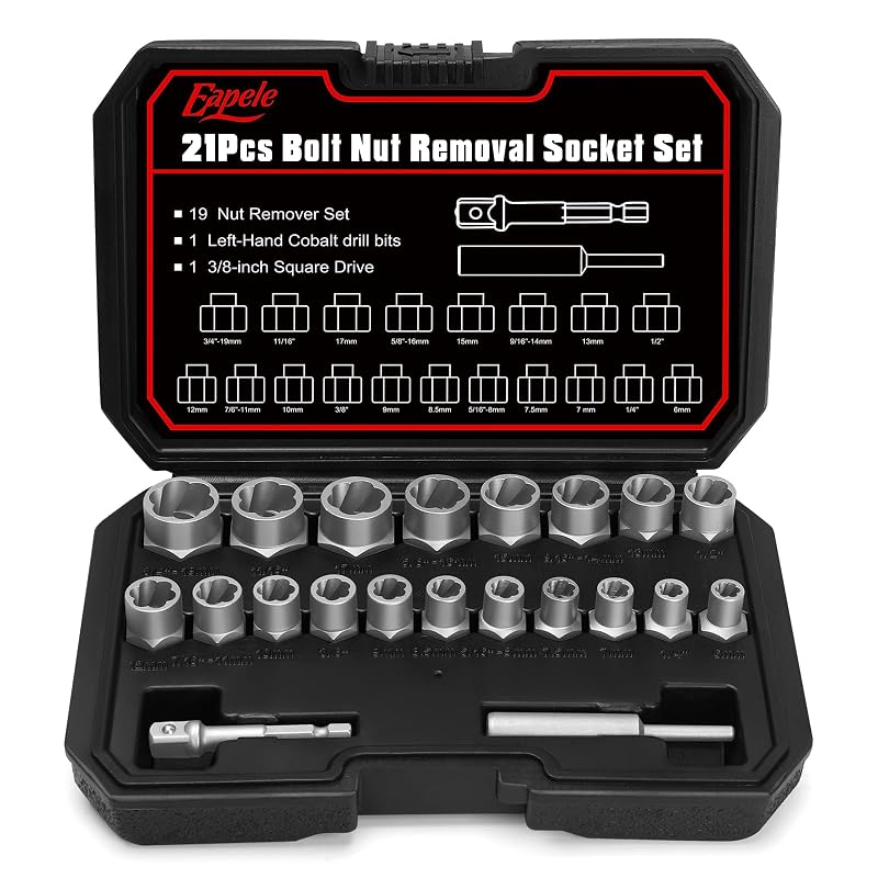 Kit de Soquetes Extratores de Parafusos e Porcas Eapele com Encaixe Quadrado de 9,5 mm (3/8 pol.) e Estojo, 21 peças