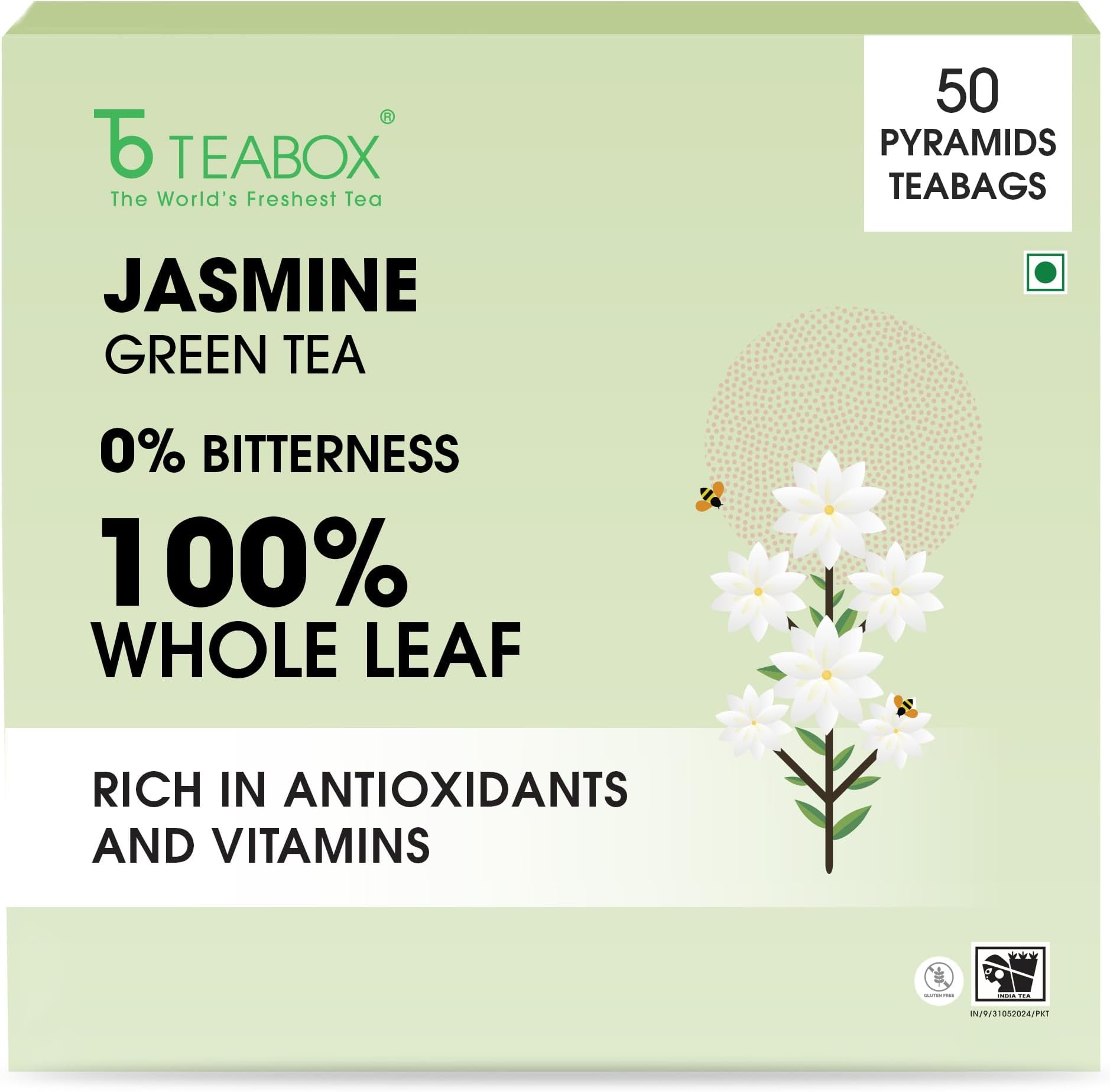 Teabox Jasmine Green Tea | 50 Pyramid Whole Leaf Teabags | Natural Jasmine Aroma | Premium Blend Sourced from Madurai