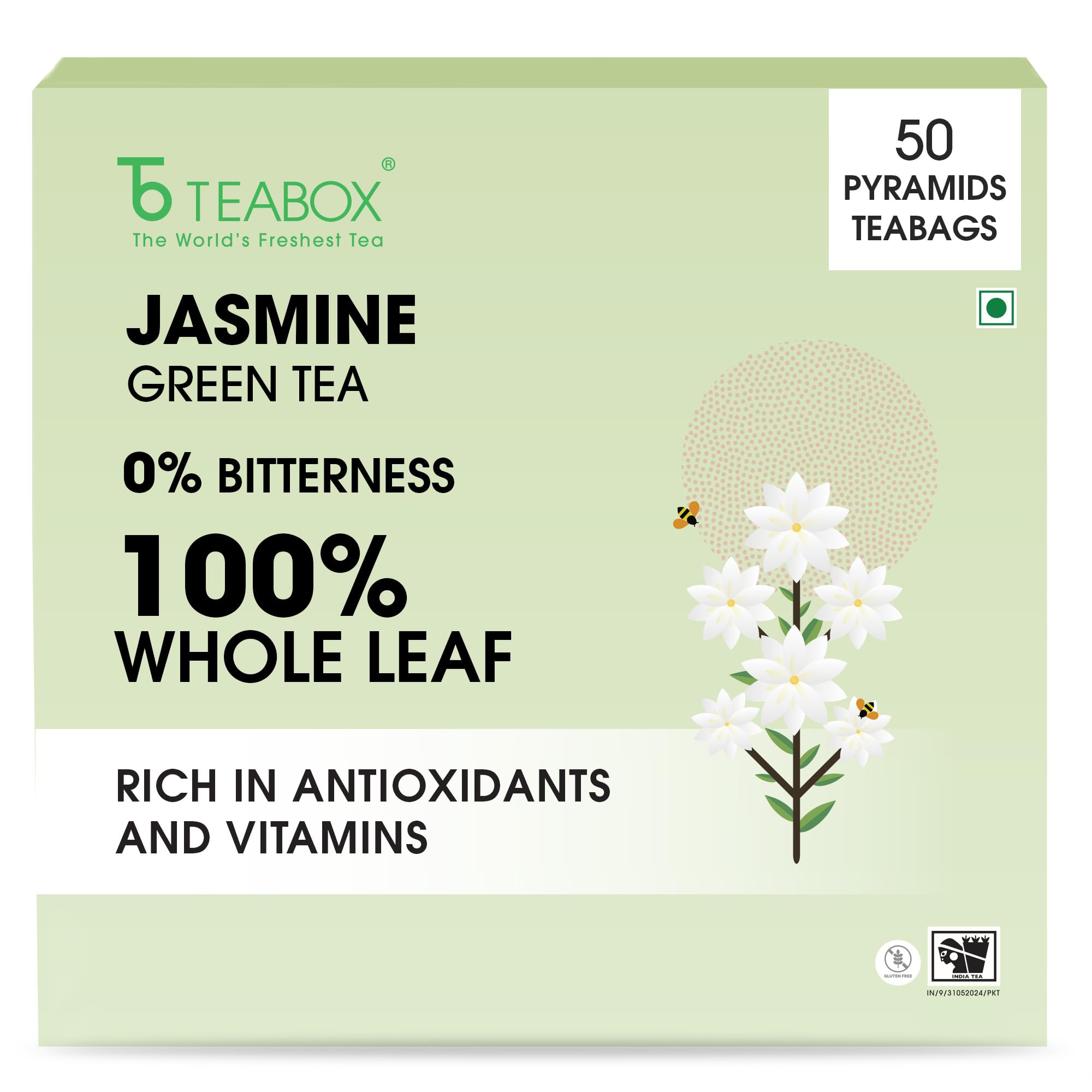 Jasmine Green Tea | 50 Pyramid Whole Leaf Teabags | Natural Jasmine Aroma | Premium Blend Sourced from Madurai
