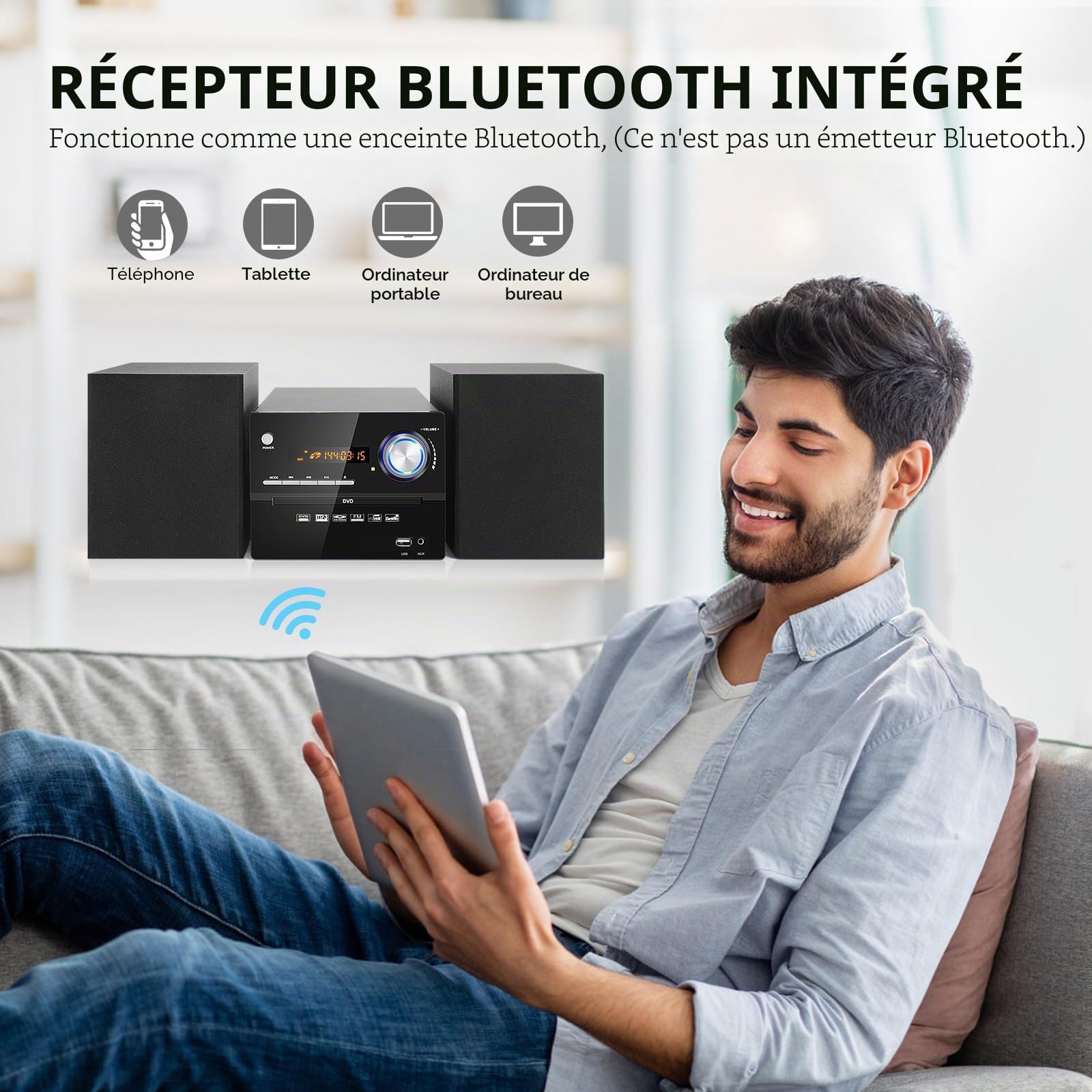 Mini Chaîne HiFi CD, Micro Chaînes Hi-FI Stéréo 30W, Micro-Système Audio Bluetooth, Radio FM, Lecteur CD/DVD Stereo, Entrée Auxiliaire, Lecture USB et Sortie RCA, Design Élégant Adapté pour la Maison