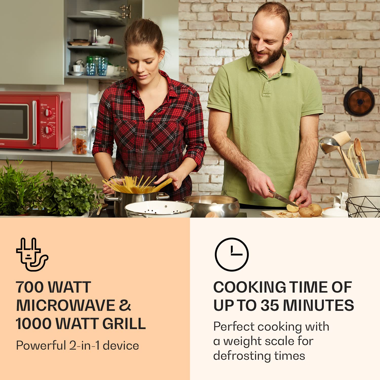 Klarstein Caroline Microwave Oven in use with couple cooking