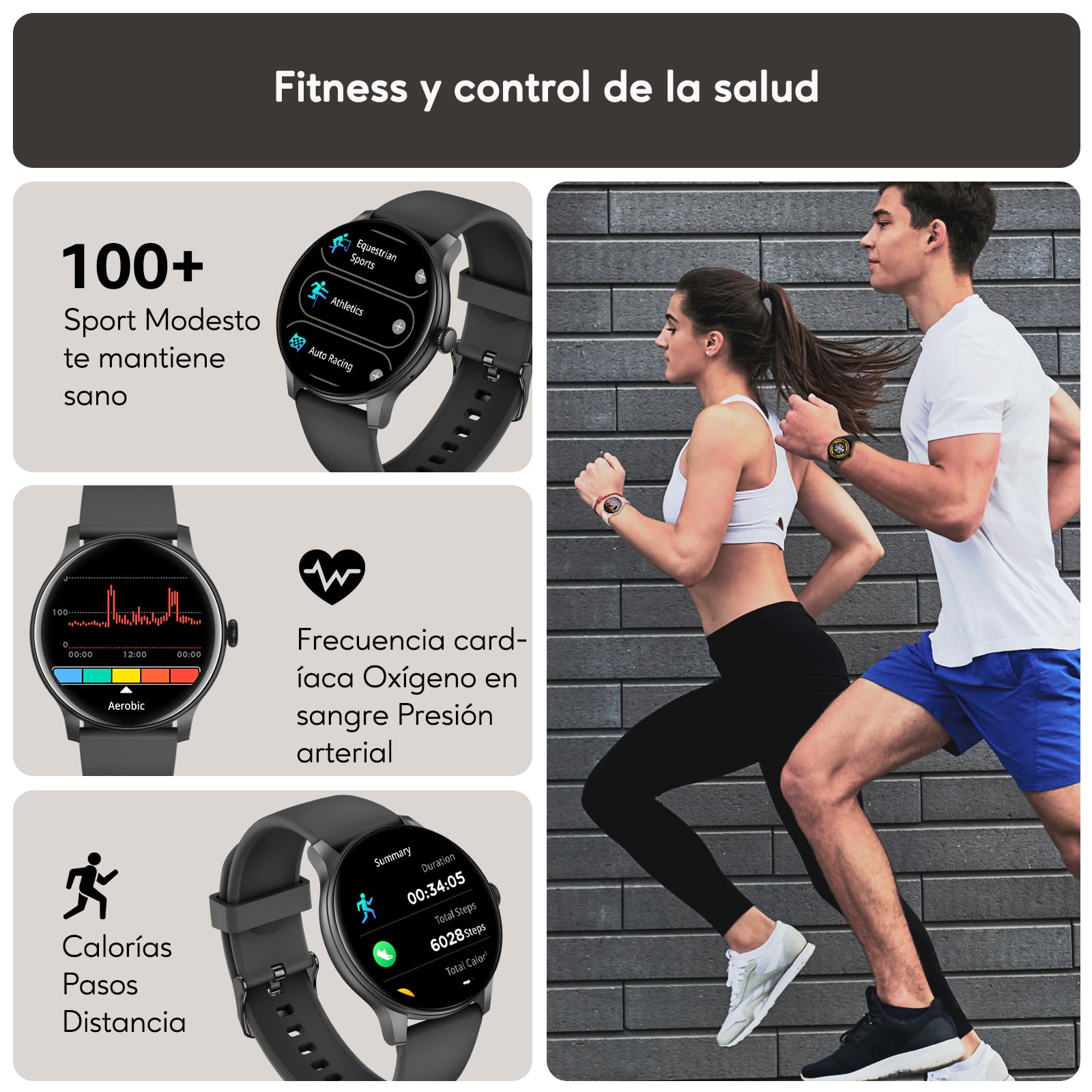 AcclaFit Reloj Inteligente Hombre Mujer con Llamadas Bluetooth, Smartwatch Esfera Redonda 1,38" con 147+ Modos Deportivos, Pulsómetro, Monitor de Sueño, IP68 Impermeable, Compatible con Android iOS