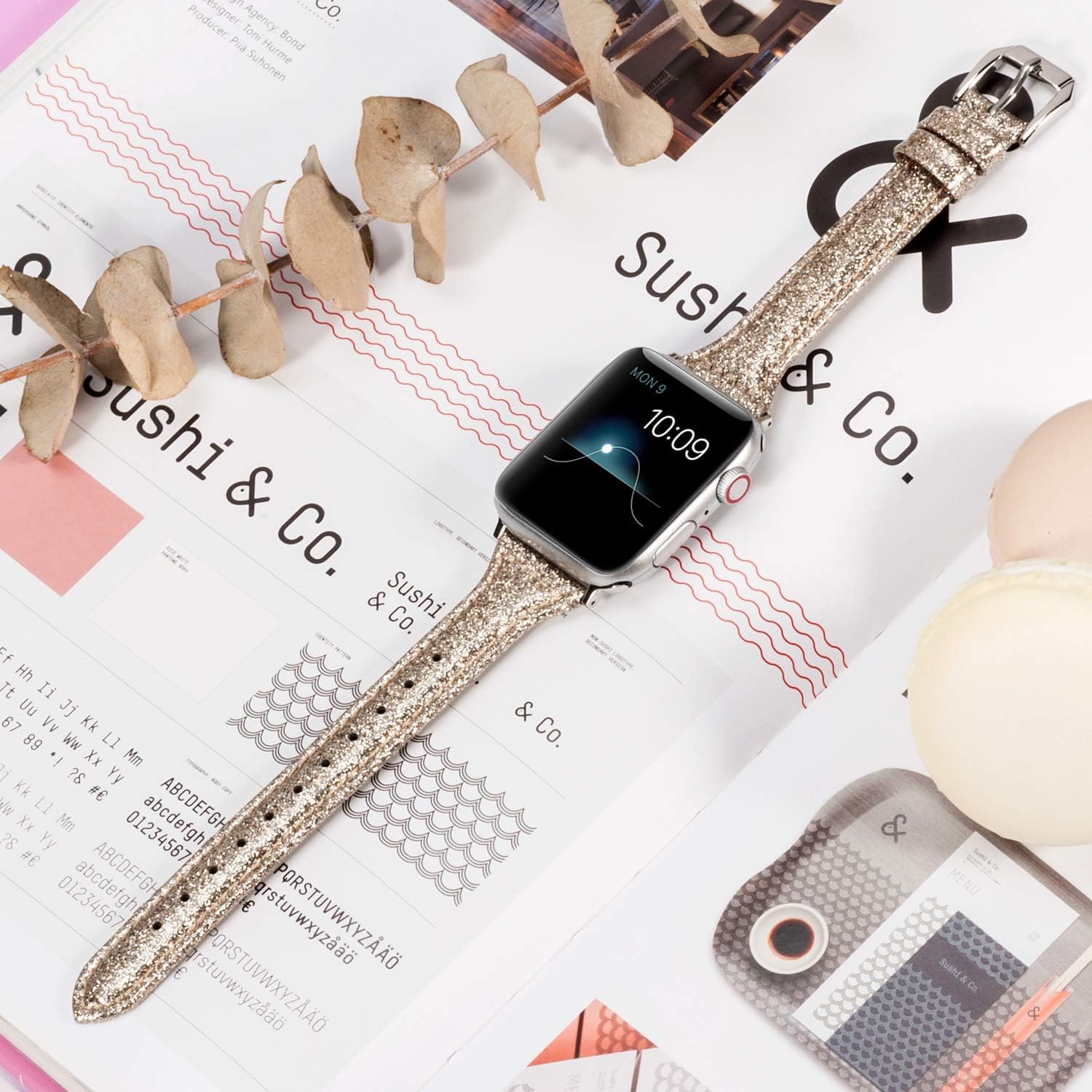 Condition photo showing New/Like New for Wearlizer Thin Glitter Leather Compatible with Apple Watch Leather Bands Women 38mm 40mm 41mm 42mm 44mm 45mm 46mm 49mm for iWatch Series 11 10 9 8 7 6 5 4 3 SE/Ultra 3 2 1 Slim Bling Glistening Strap Gold-Normal Jewelry Gold 49/46/45/44/42mm(Series 3 2 1)