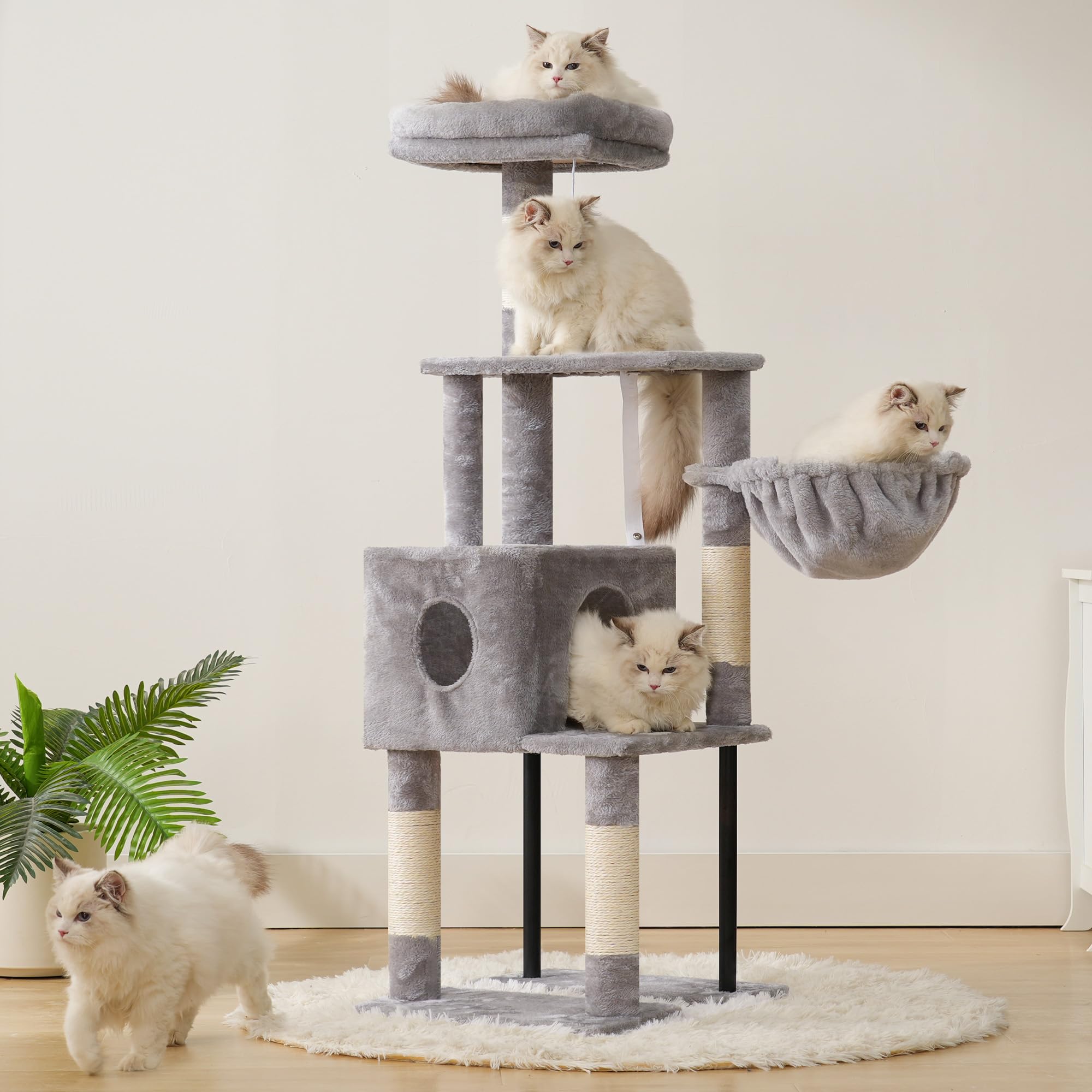 Heybly Albero Tiragraffi Per Gatti Alto 125 cm, Torre Per Gatti Spaziosa E Confortevole Con Tana, Due Ampie Piattaforme, Tiragraffi In Sisal, Cestino, Robusti Tubi In Acciaio, Grigio Chiaro HCT200SW-