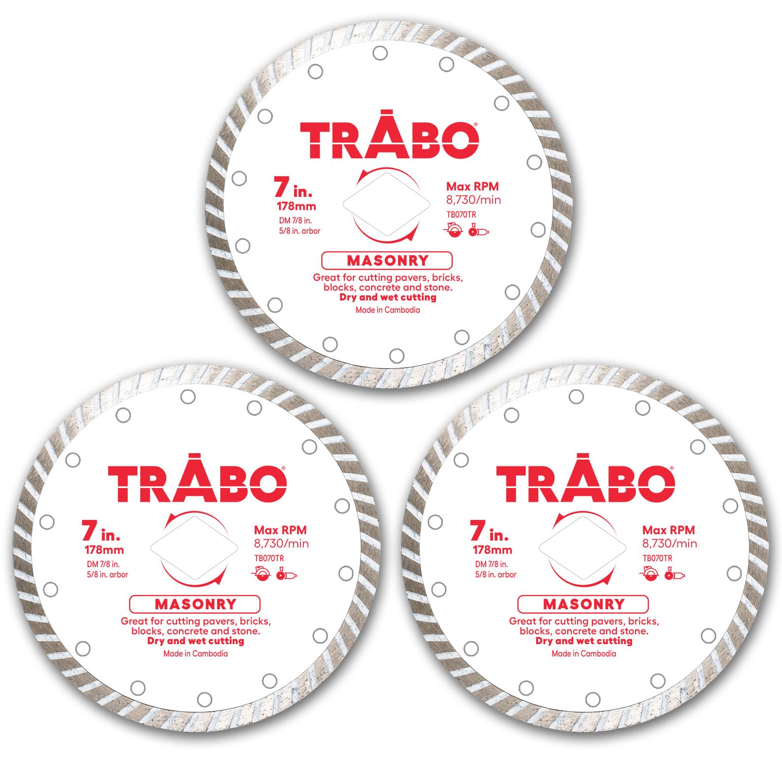 Trabo 7 Inch 3 Pack Masonry Turbo Rim Diamond Metal Bond Blade for Cutting Cement, Pavers, Concrete with Rebar, Natural Stone and More, with 7/8 Inch Arbor with 5/8 Inch Reducer Ring