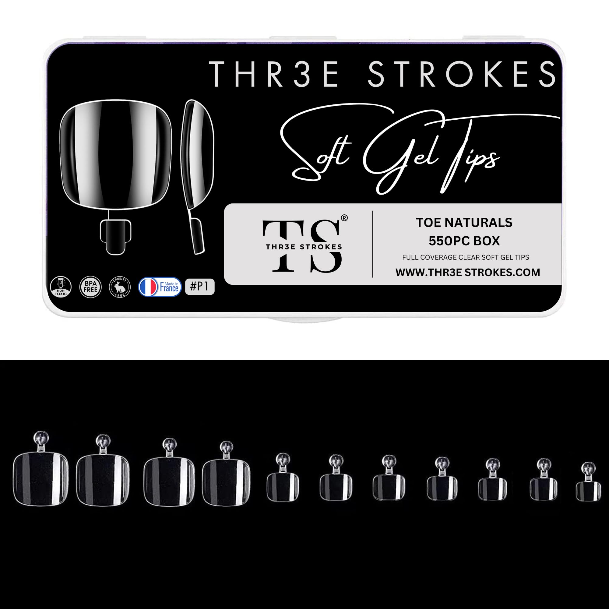 THR3E STROKES Soft Gel NailTips, Full Cover Clear Soft Nail Tips for Artificial False Nails Extension Nail Salons DIY NailArt with Box, 550PCS (TOE NAILS P1)
