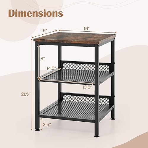 Miniatura 3 de Giantex Mesa auxiliar de 3 niveles, mesa de teléfono industrial con 2 estantes de almacenamiento de malla, marco de metal, mesa auxiliar cuadrada de