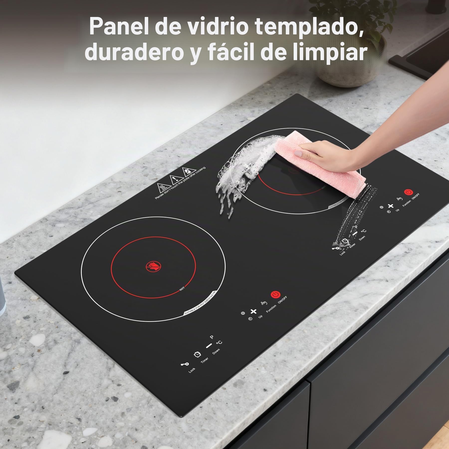 Placa Vitrocerámica 2 Fuegos 3600W, Placa de Cocción Eléctrica 60cm con 9 Niveles de Potencia, Temporizador 4H, Compatible con Todas las Ollas, Encastrable o Sobremesa
