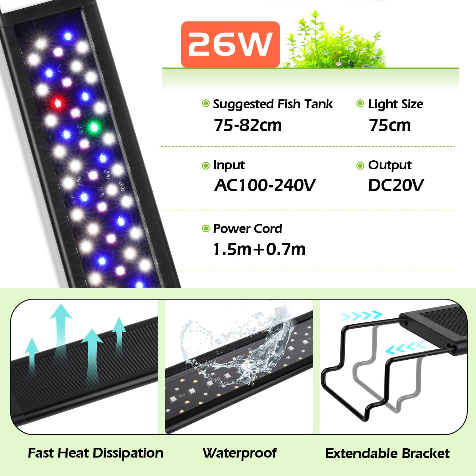 Hygger Éclairage Aquarium 24/7 26W Full Spectrum LED Light Lampe Fish Tank 9 Couleurs 10 Luminosités Réglables 75-82cm