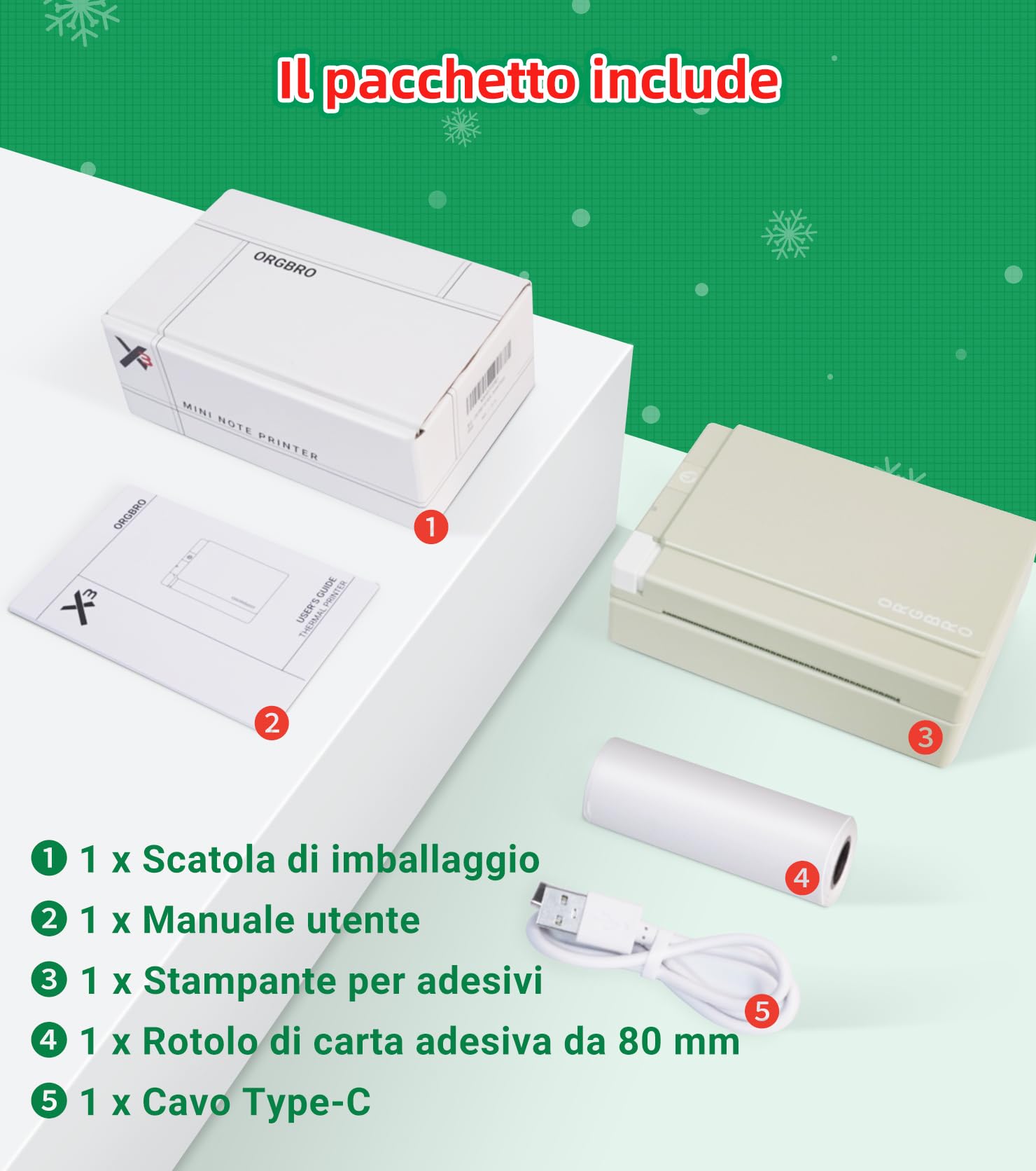 Stampante Termica Bluetooth ORGBRO X3 300DPI, Mini Stampante Portatile Senza Fili per Casa Ufficio Viaggi (Verde Oliva)