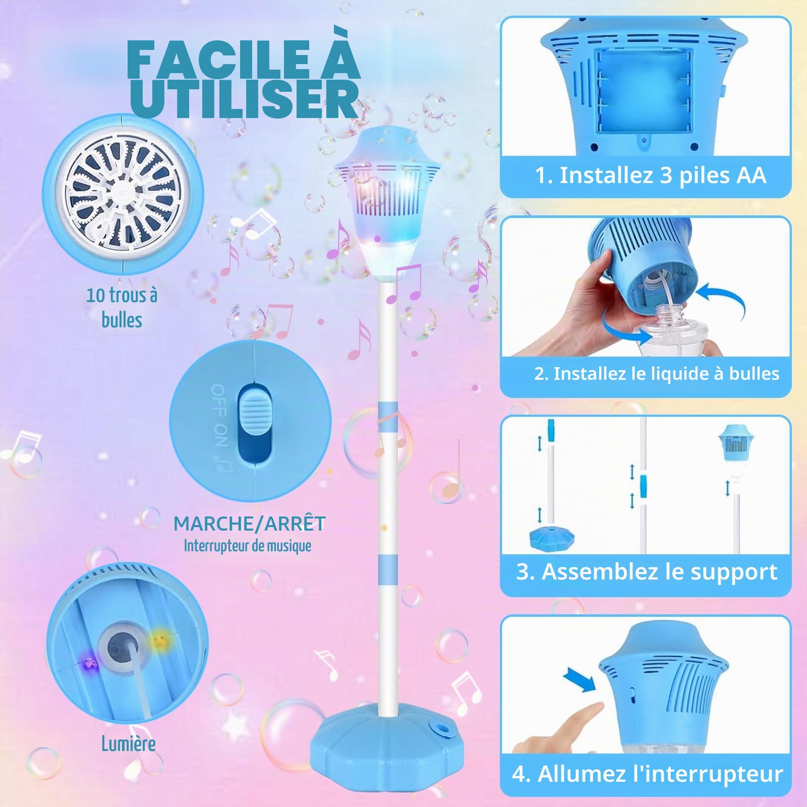 Machine à Bulles Automatique,Machine à Bulles sur Pied,Soufflante à Bulles pour Enfants,Garden Bubble Torch with Light and Music, pour S'amuser en Plein Air,Fêtes,Evénements et Divertissement