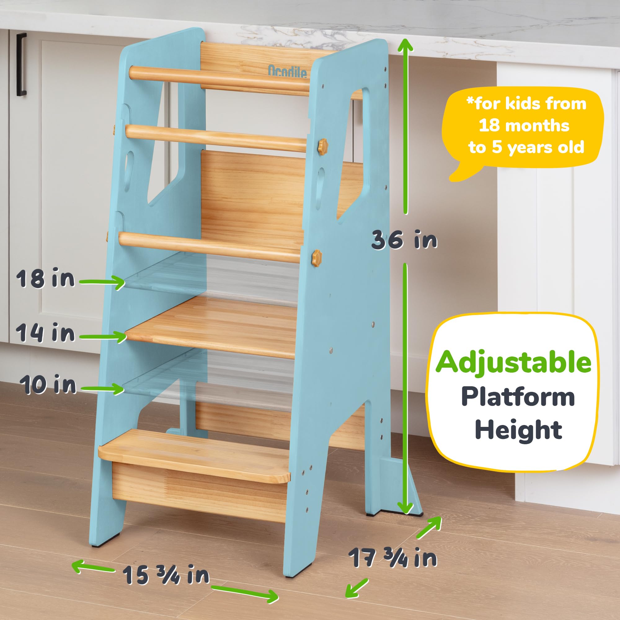 Ocodile Toddler Standing Tower - Safe Montessori Step Stool for Toddlers, Perfect Tower for Learning New Skills - Ideal Helper for Little Kids in The Kitchen - Blue