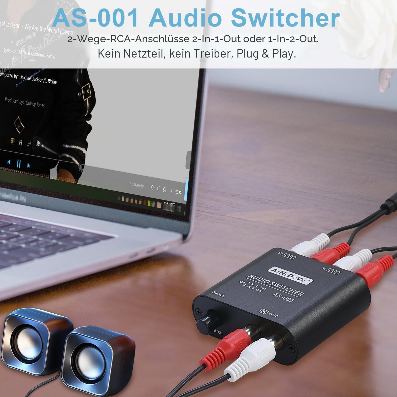 2 Ports 1 Eingang 2 Ausgang / 2 Eingang 1 Ausgang bidirektionaler Audio-Switch kompatibel für RCA 3,5 mm Anschlüsse, 2-Wege-Stereo-K L/R Lautsprecher Kopfhörer Audio-Selektor Splitter Box